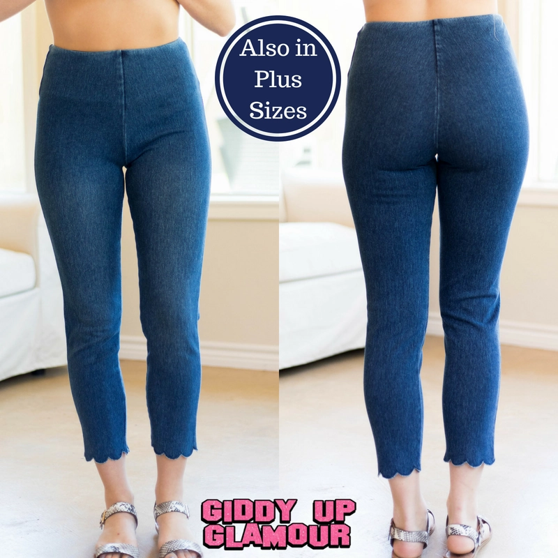 Lysse Denim Scallop Edge Capri Leggings in Medium Wash FlexibleNeckline