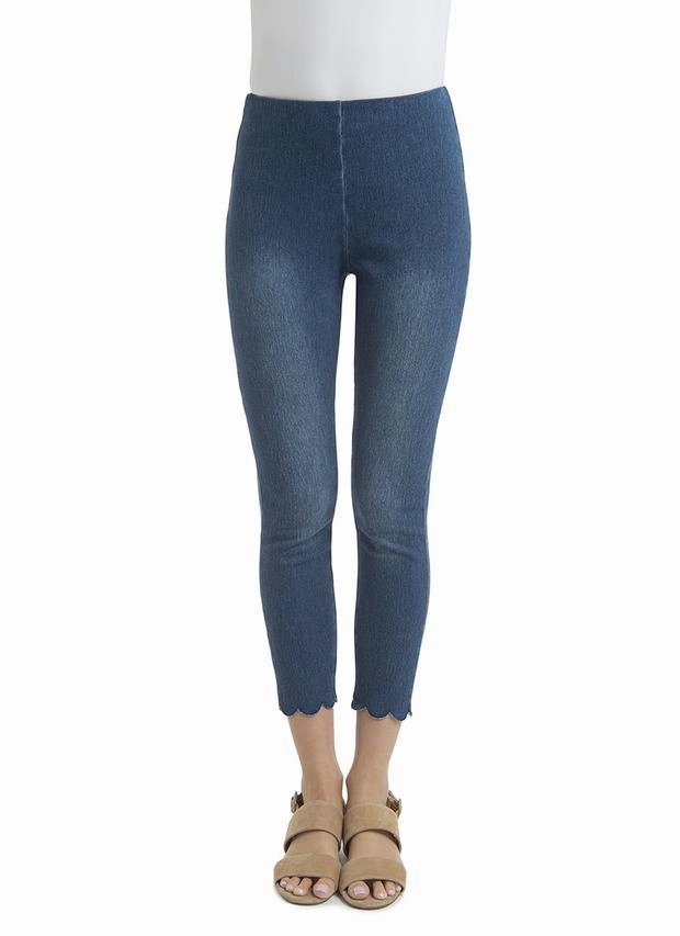 Lysse Denim Scallop Edge Capri Leggings in Medium Wash VentilatedMesh Fashion Forward