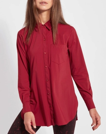Lysse Schiffer Button Down Dress Shirt in Ruby Red Chic Look ClassicCrewNeck