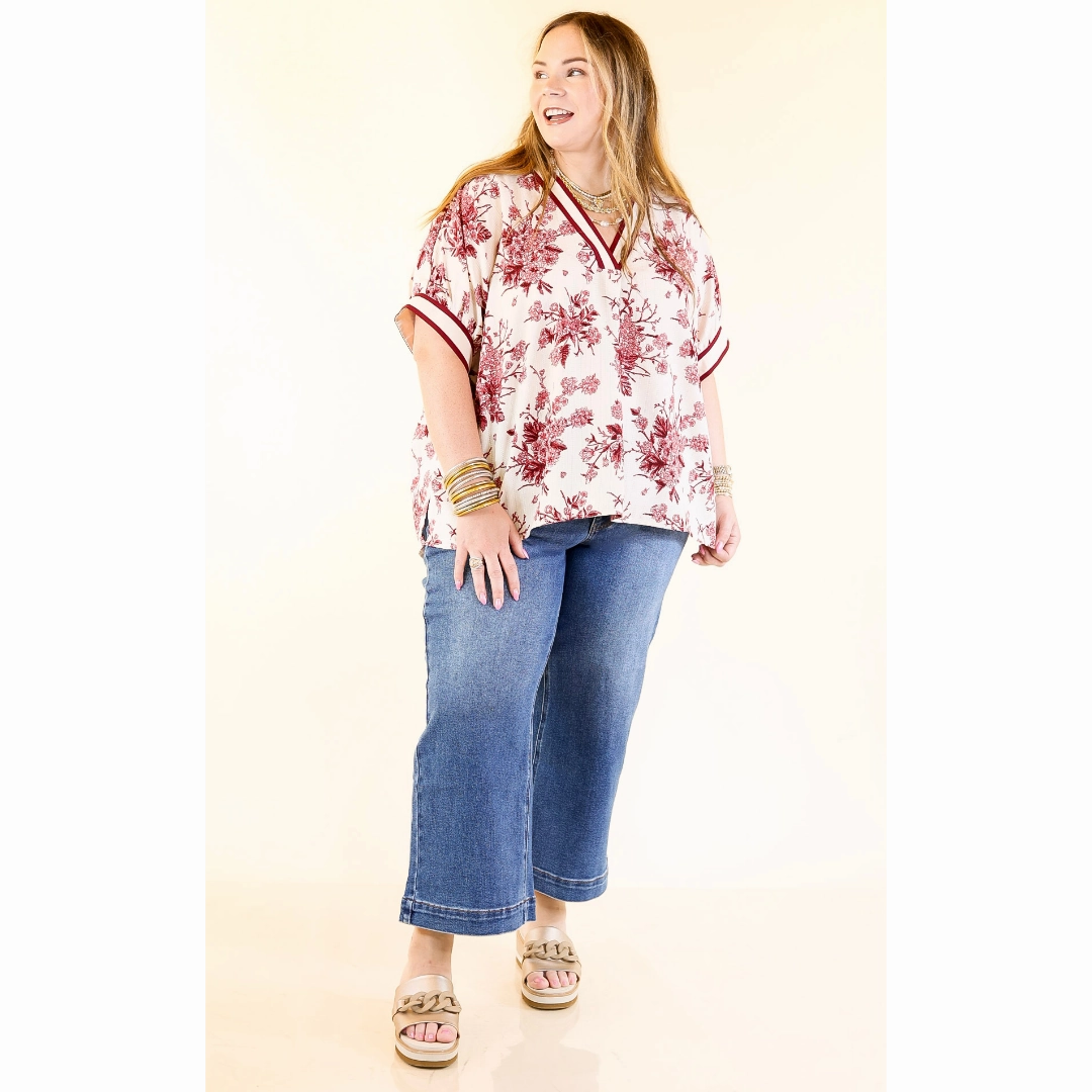 Youthful Style Casual Fit Chic Rewind V Neck Placket Floral French Toile Short Sleeve Top in Maroon and Ivory