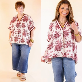 Versatile Clothing Wedding guest Chic Rewind V Neck Placket Floral French Toile Short Sleeve Top in Maroon and Ivory