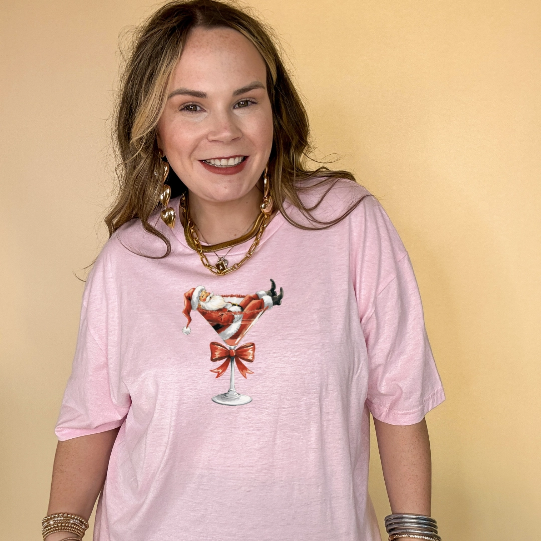 Perfect Style Casual Comfort Top Online Exclusive | Santa Martini with Red Bow Graphic Tee in Multiple Color Options