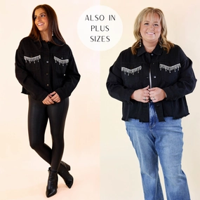 Stretchable Fabric Versatile Dress Made To Shine Crystal Fringe Pocket Cropped Denim Jacket in Black