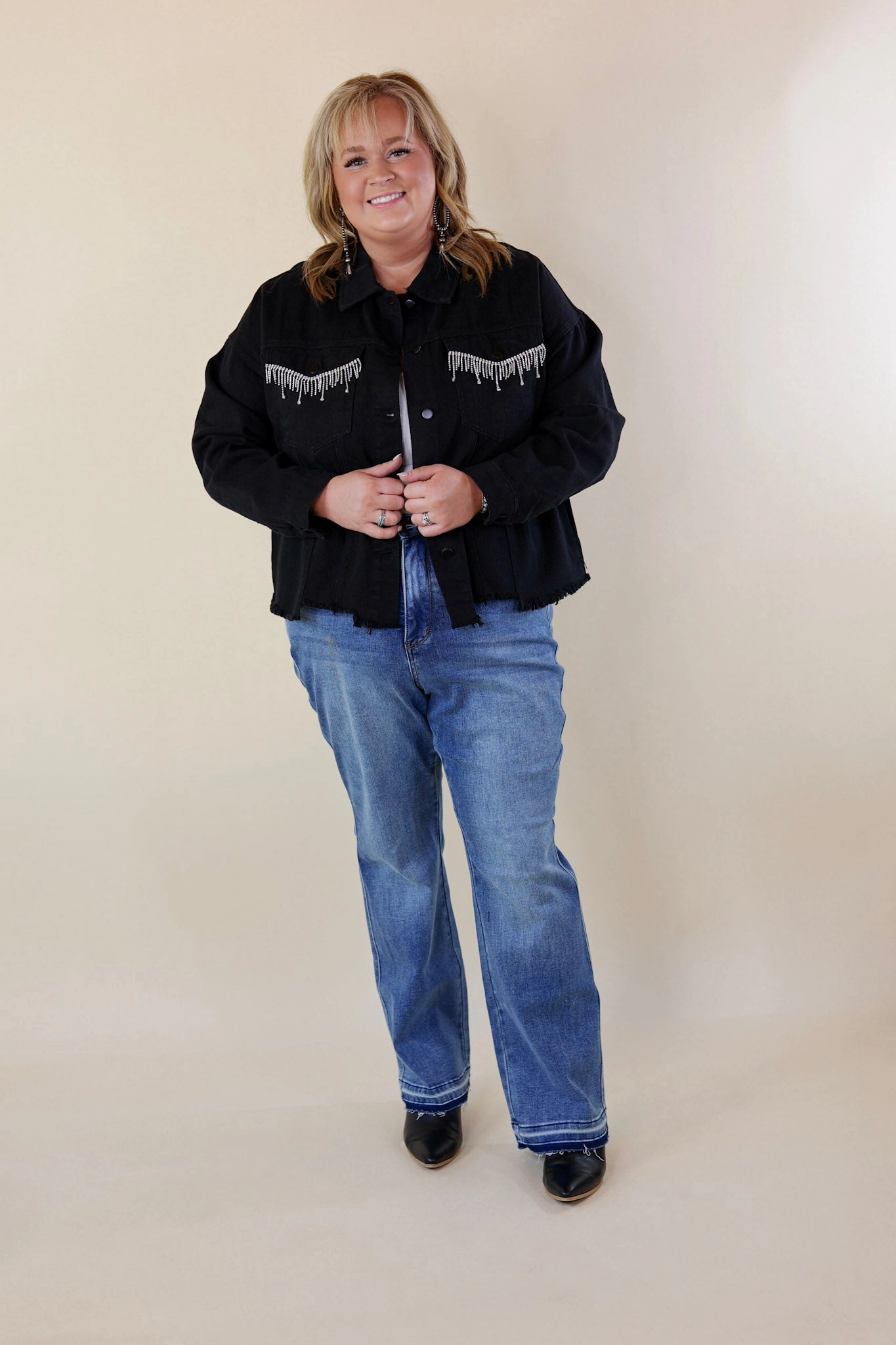 QuickDryMaterial Made To Shine Crystal Fringe Pocket Cropped Denim Jacket in Black
