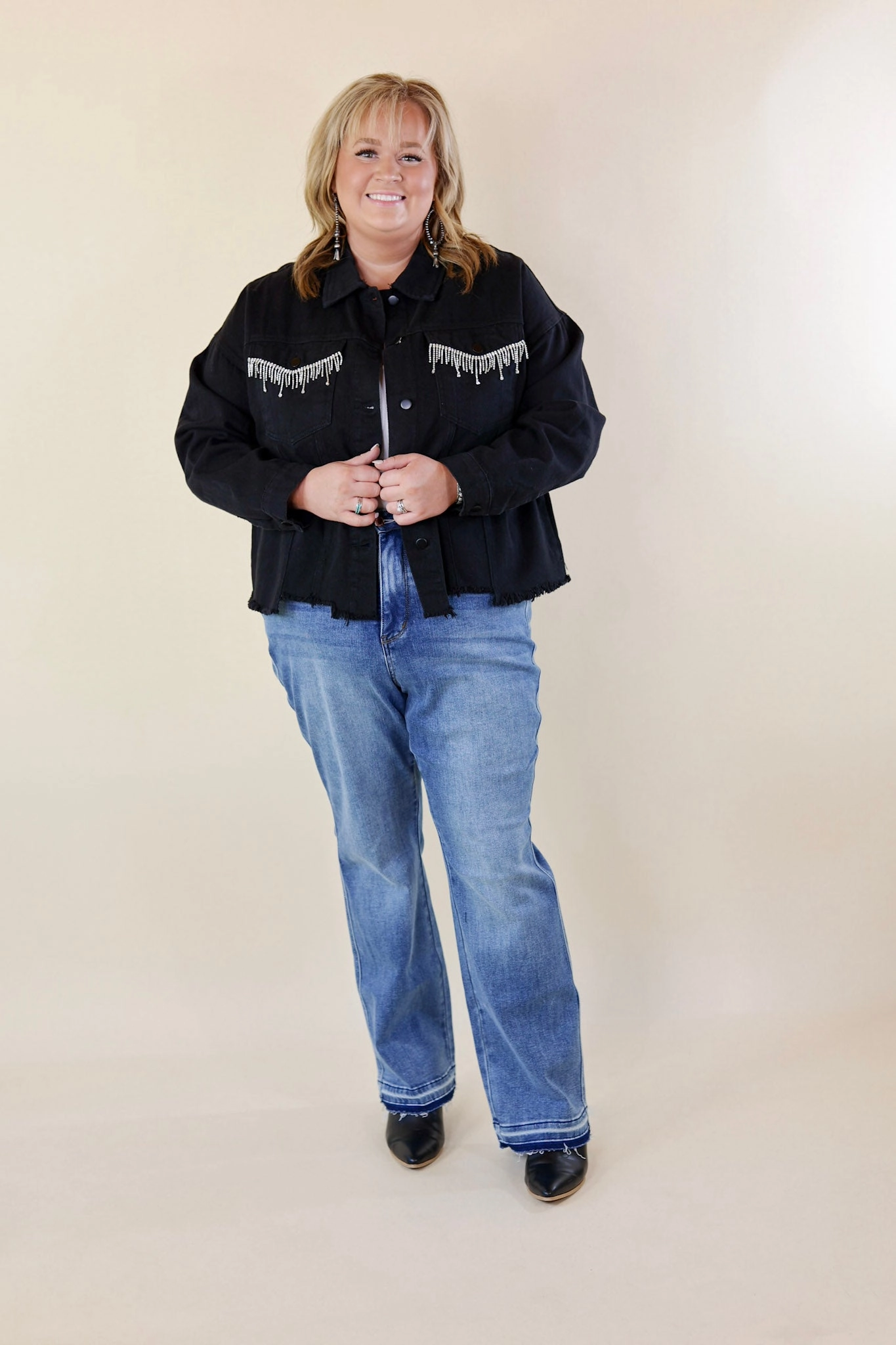 Made To Shine Crystal Fringe Pocket Cropped Denim Jacket in Black AntiPilling Fabric DurableWeave