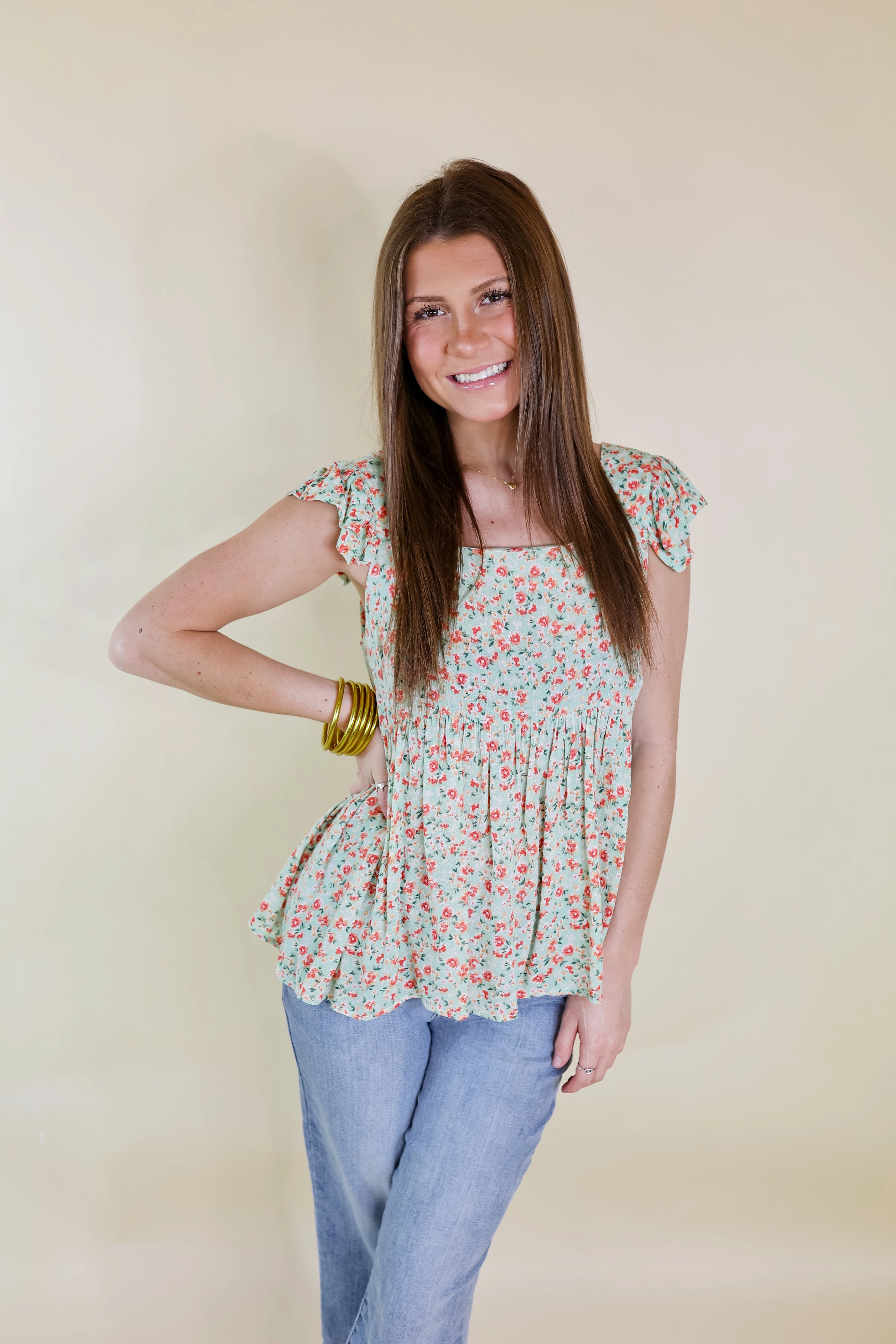 Casual Bottoms Magic Melody Floral Babydoll Tank Top in Light Sage Green
