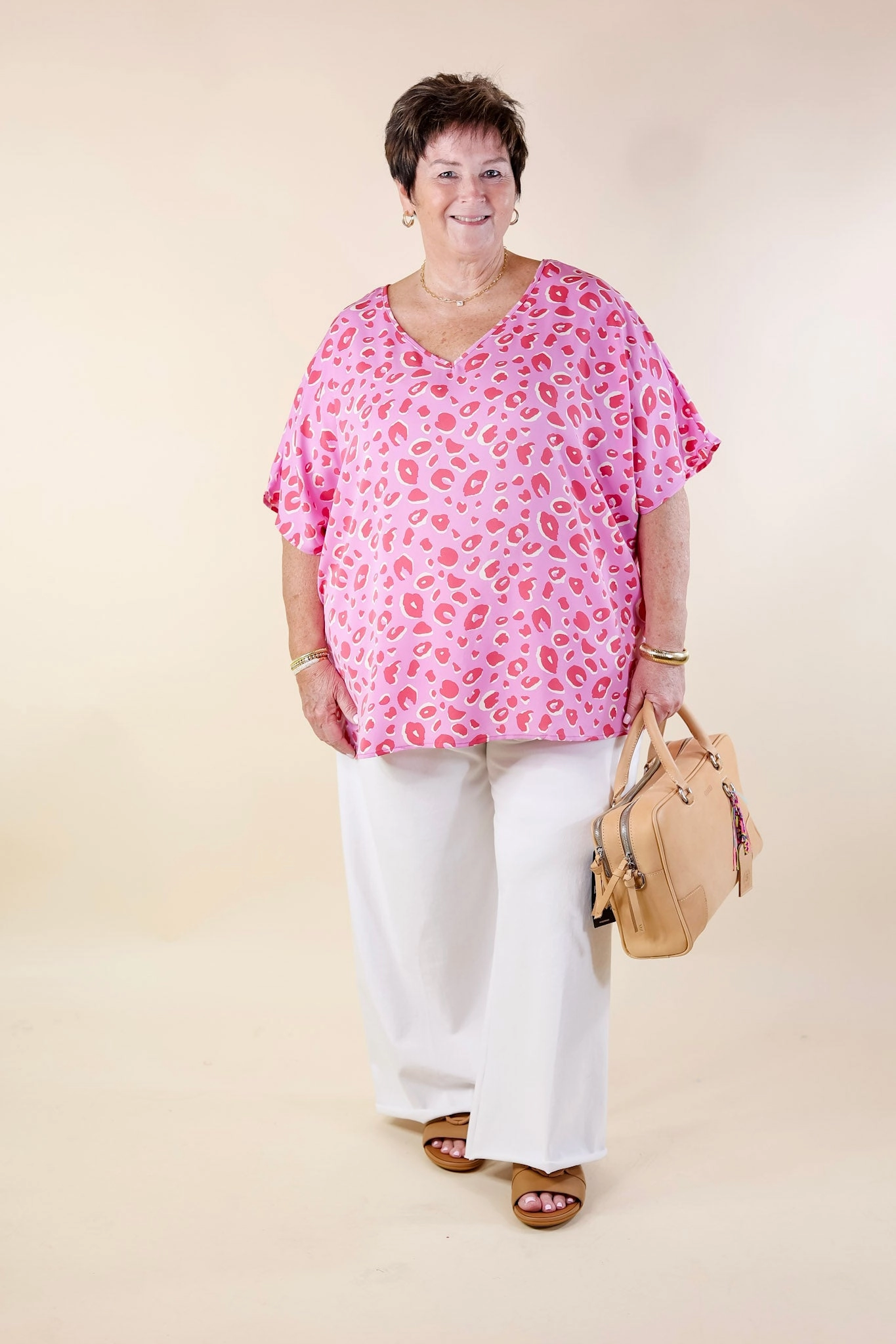 Majestic Moment V Neck Leopard Print Poncho Top in Pink Opaque Tone