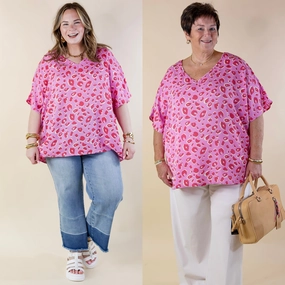 Majestic Moment V Neck Leopard Print Poncho Top in Pink Quiet Core