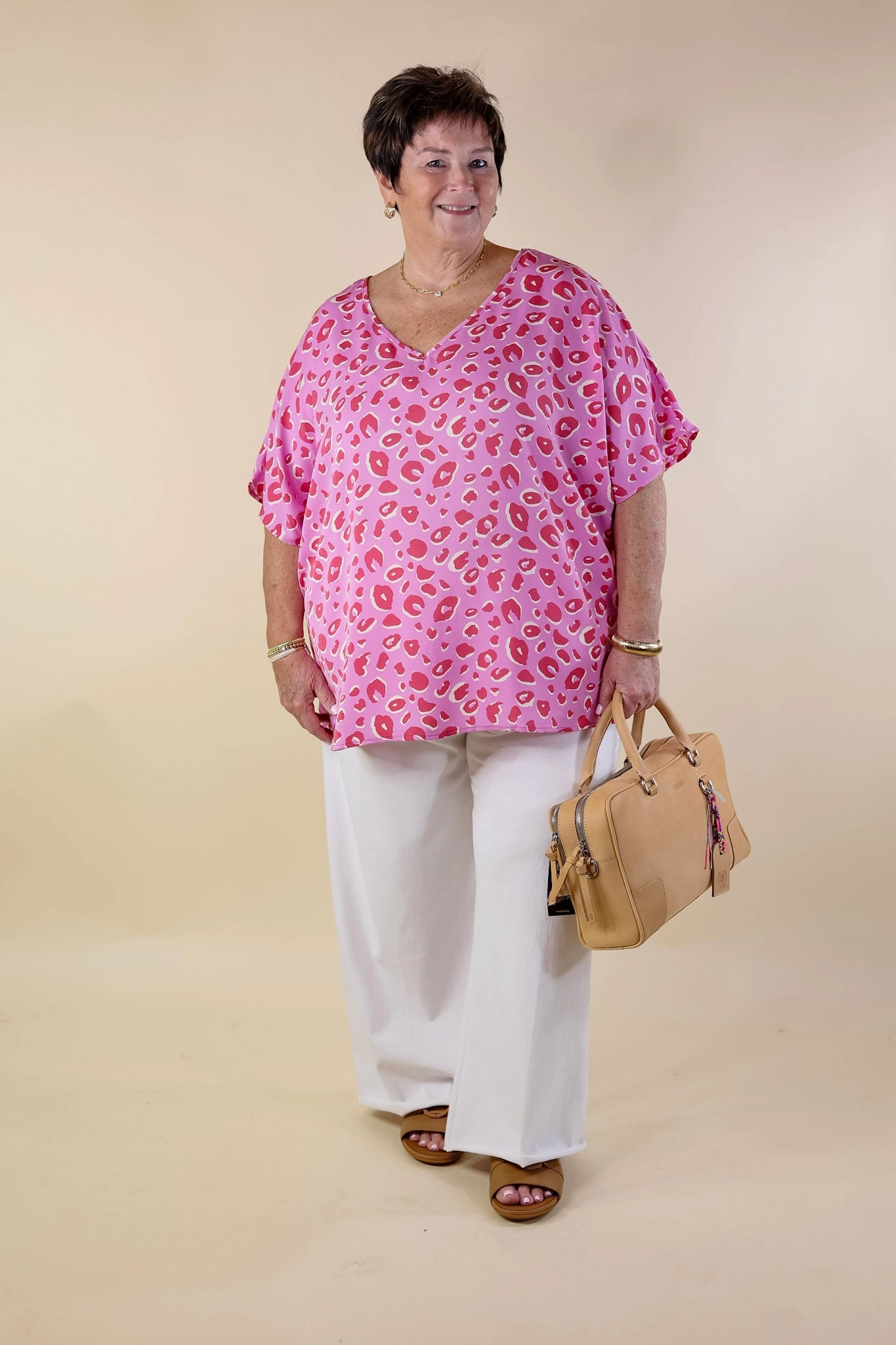 Majestic Moment V Neck Leopard Print Poncho Top in Pink Casual Design