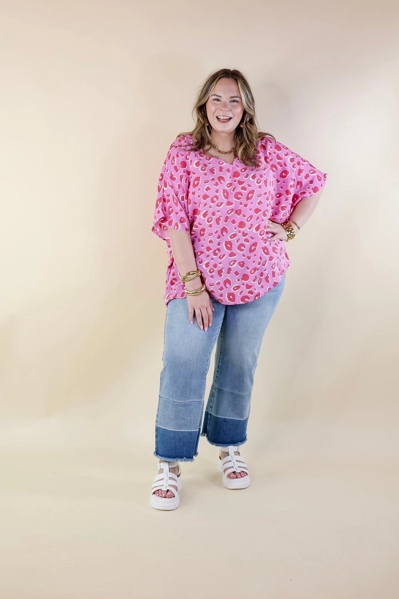 Cozy Wrap Majestic Moment V Neck Leopard Print Poncho Top in Pink