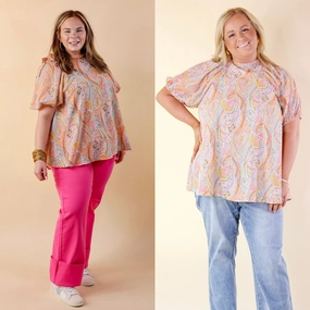 NonRestrictiveSilhouette Fairy Core Malibu Pier High-Neck Short Sleeve Top with Open Tie Back in White Multi