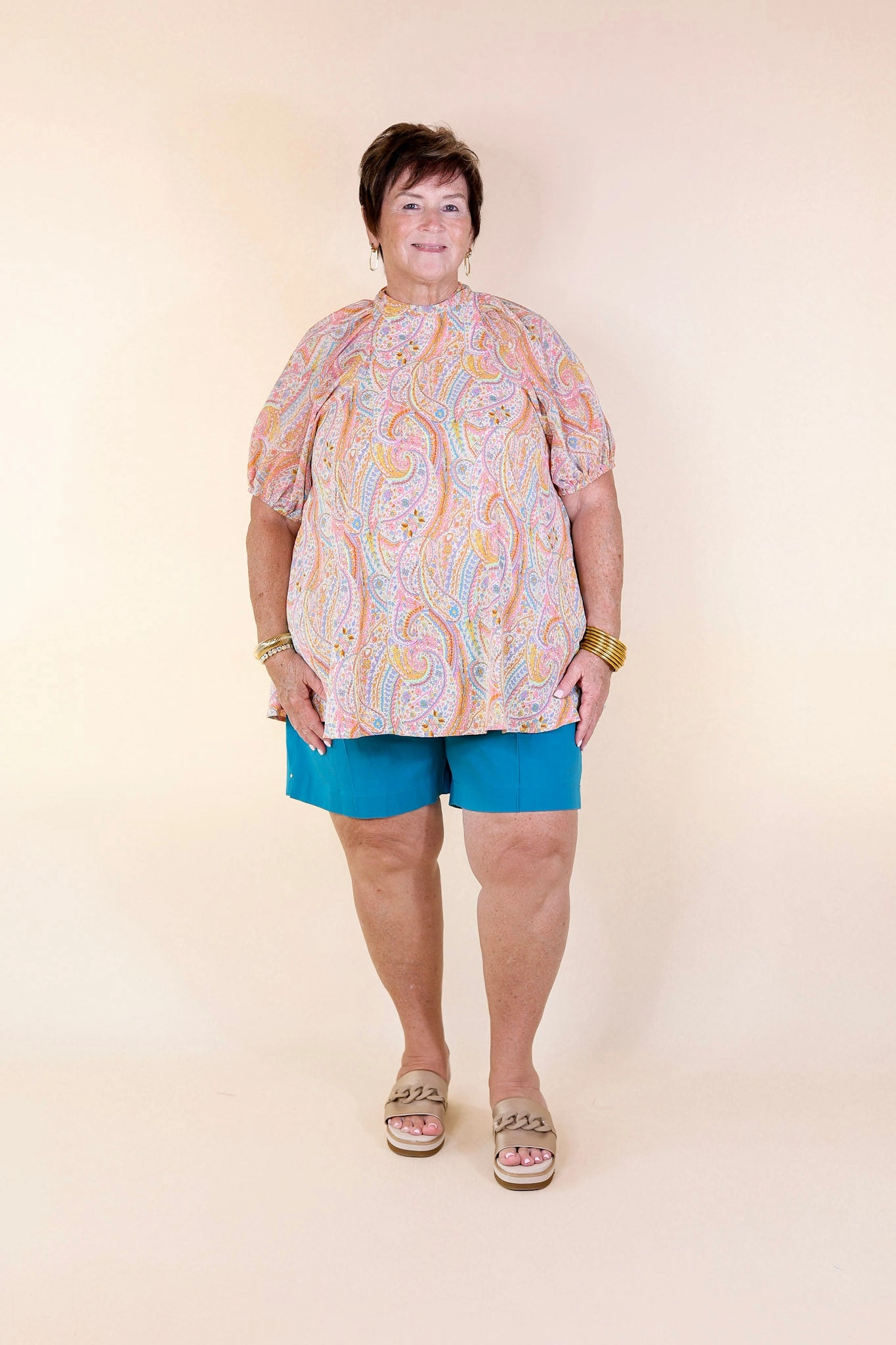 Malibu Pier High-Neck Short Sleeve Top with Open Tie Back in White Multi China Cool