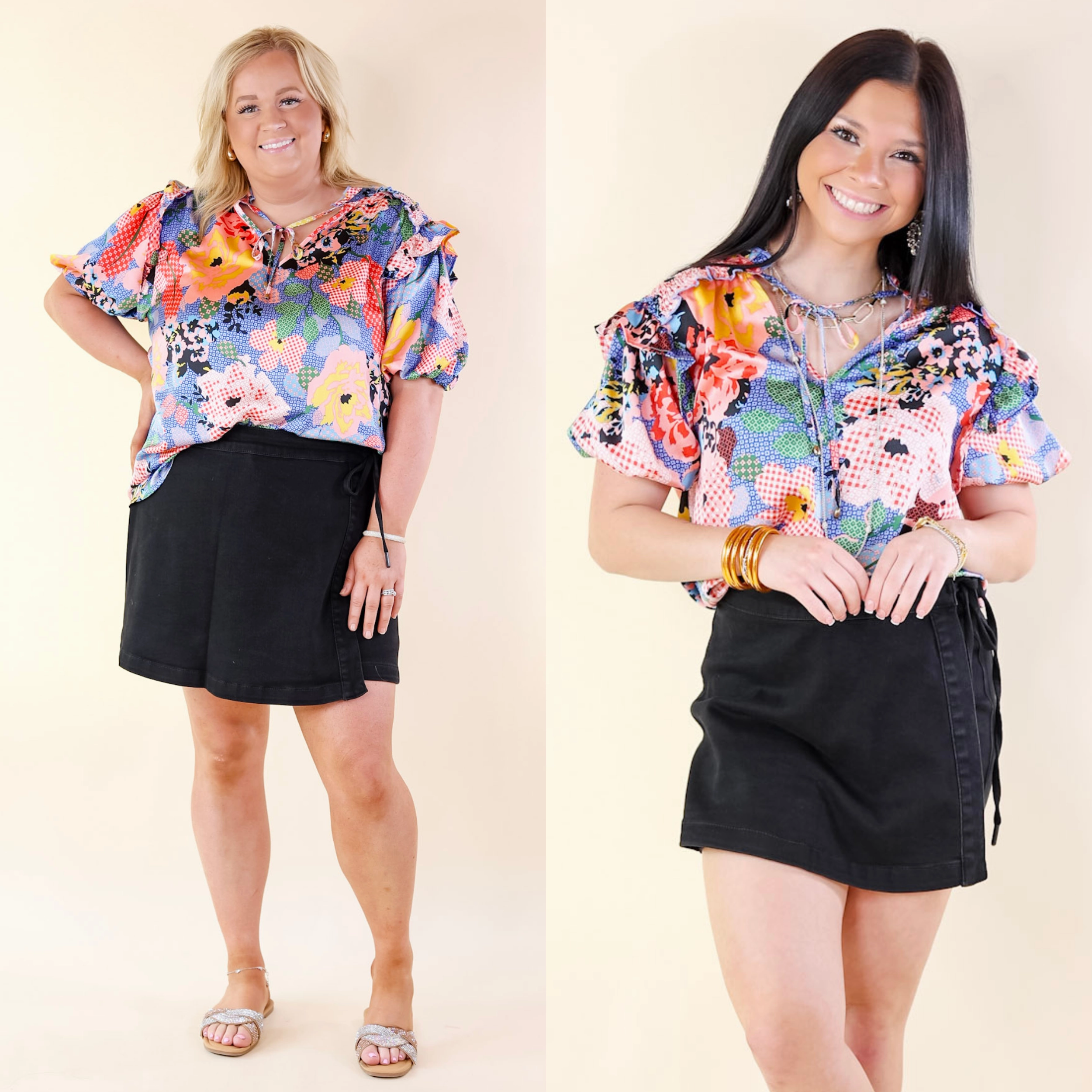 Seamless Shoulder Malibu Villa Floral Print Top with Keyhole and Tie Neckline in Blue Mix