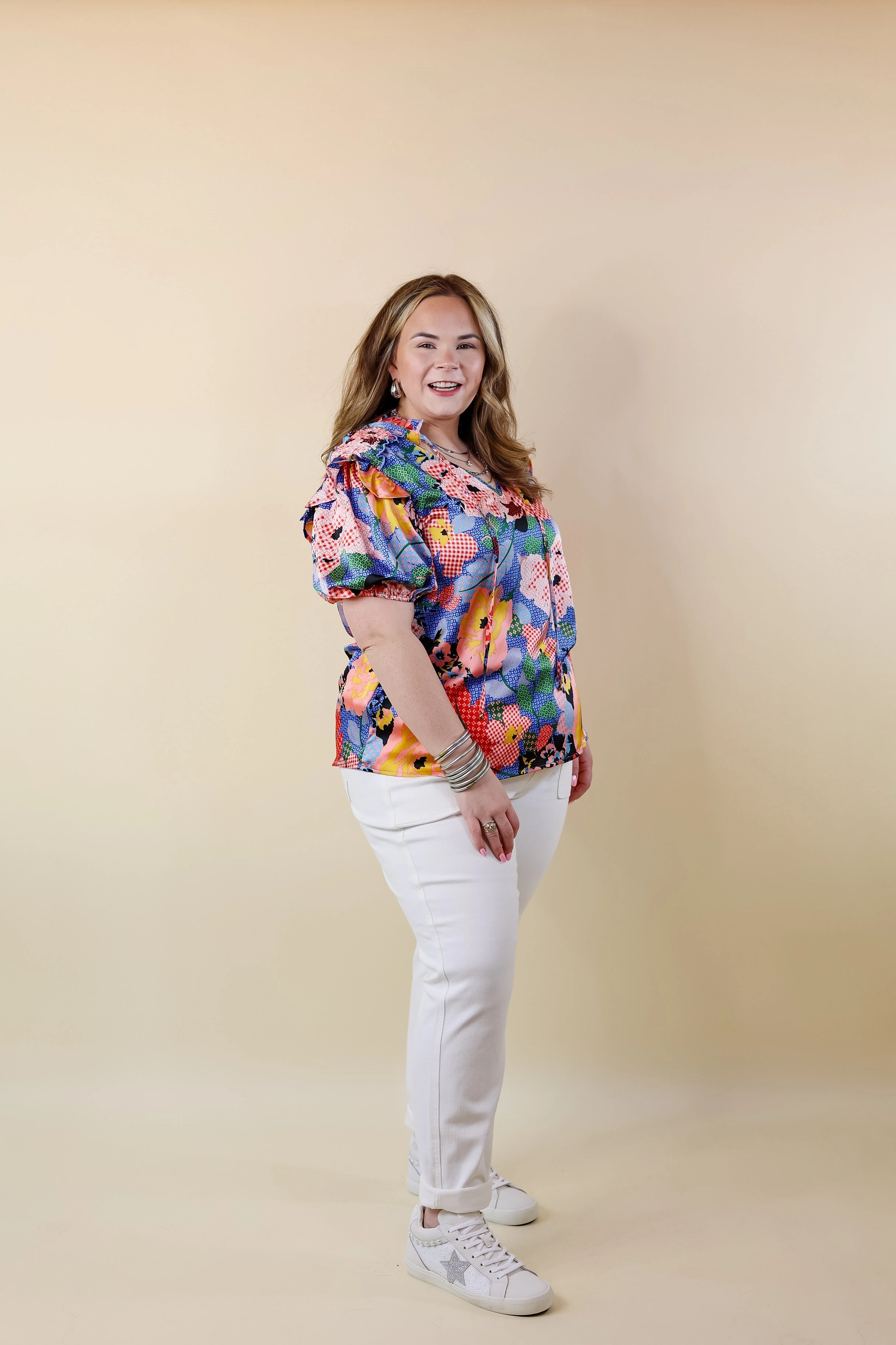Malibu Villa Floral Print Top with Keyhole and Tie Neckline in Blue Mix Classic Wardrobe