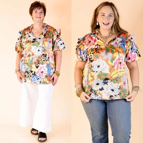 Malibu Villa Floral Print Top with Keyhole and Tie Neckline in Orange Mix Petite Option Ergonomic Sleeve Cut