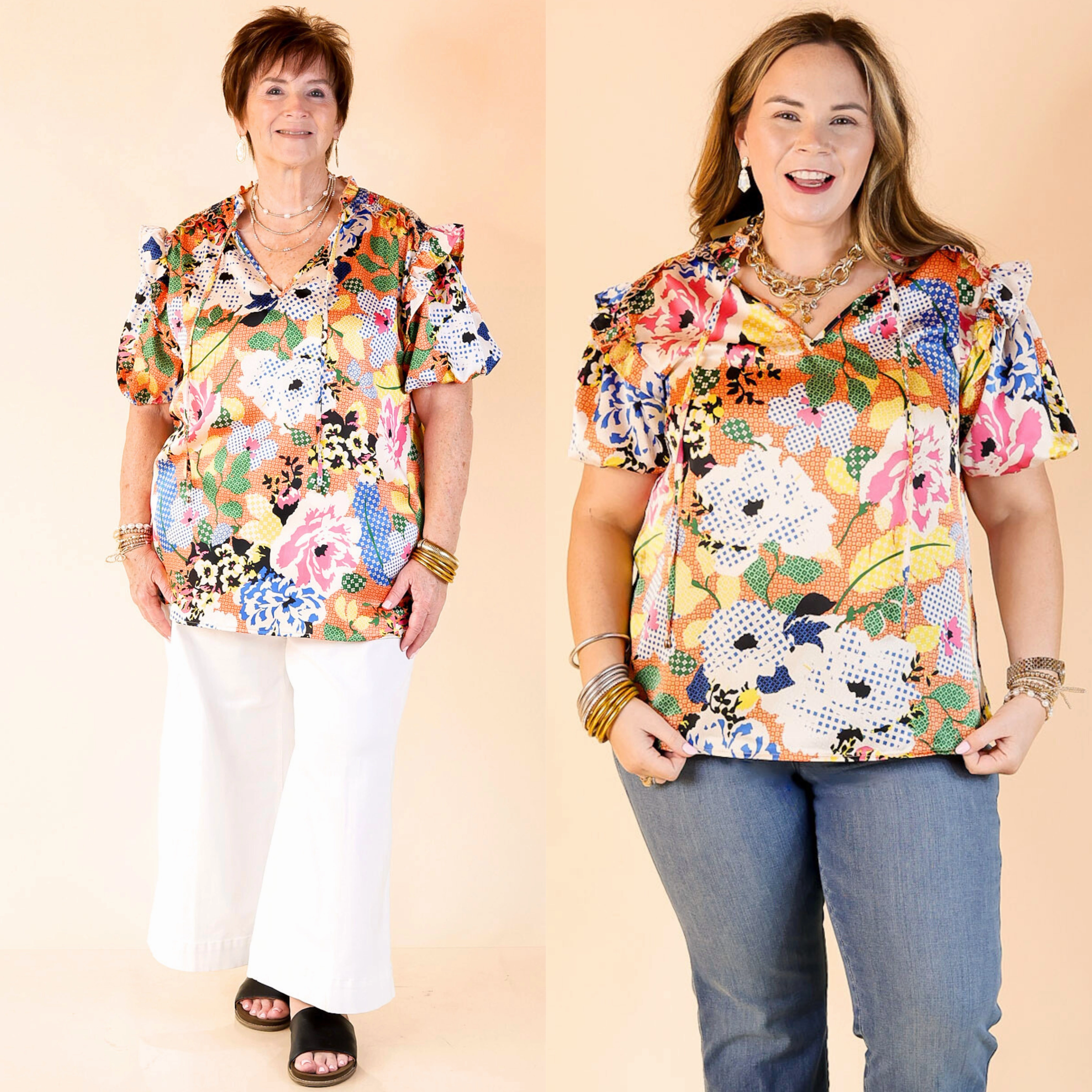 Malibu Villa Floral Print Top with Keyhole and Tie Neckline in Orange Mix Petite Option Ergonomic Sleeve Cut