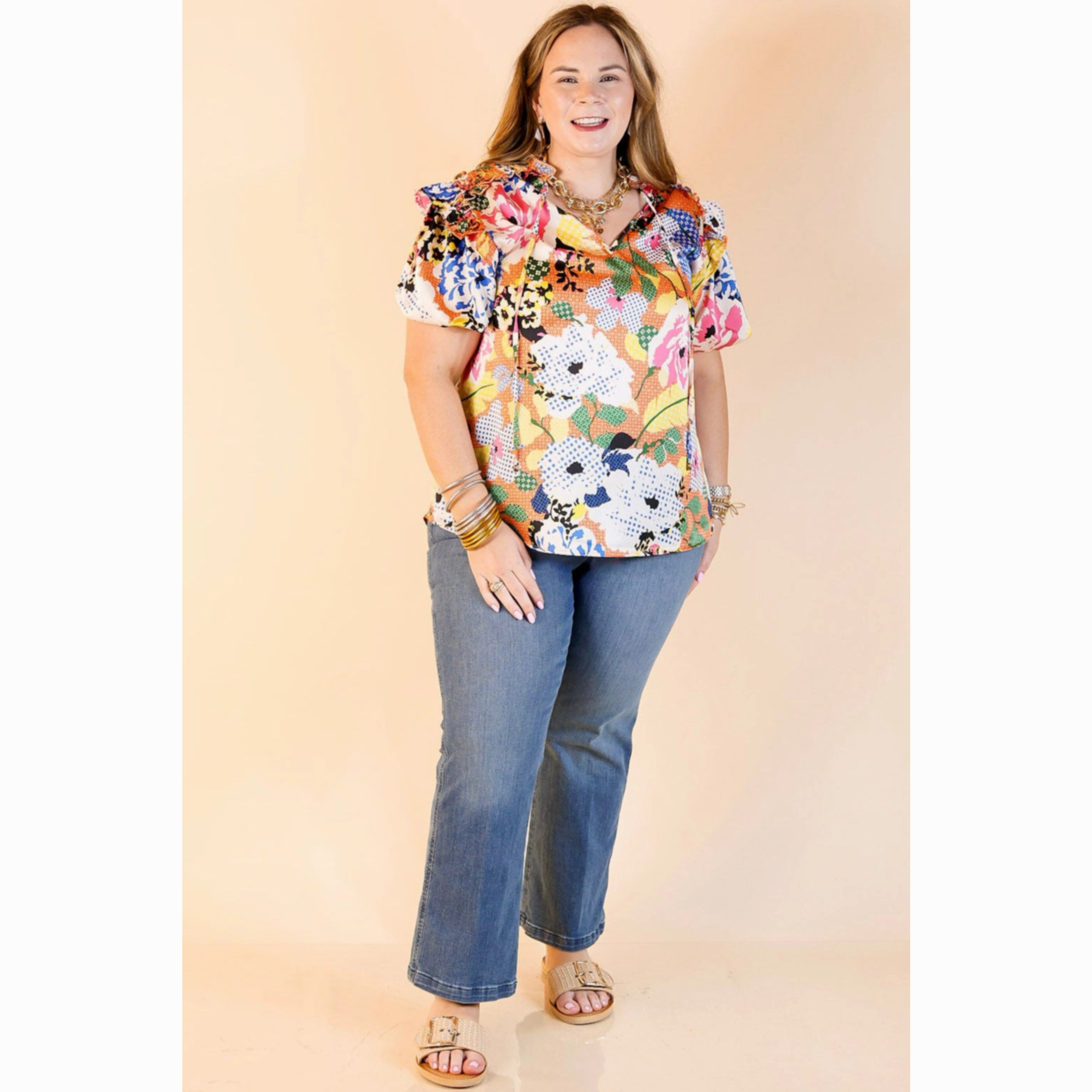 Malibu Villa Floral Print Top with Keyhole and Tie Neckline in Orange Mix Weekend Casual Subtle Details