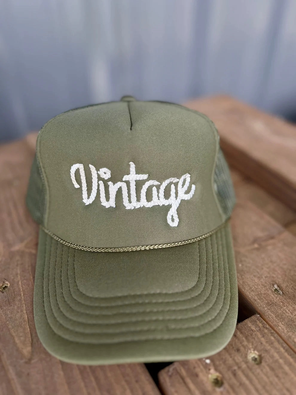 Smooth Neckline Performance Fit Vintage Cursive Rope Embroidery Cap on Olive Green Trucker Cap