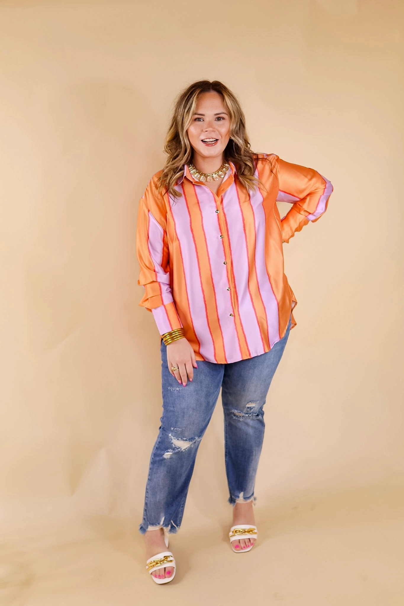 Match My Energy Striped Button Up Top in Lavender Purple and Orange Foldable Hem Craft Soul