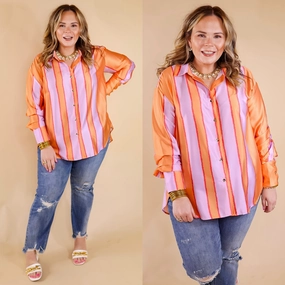 Match My Energy Striped Button Up Top in Lavender Purple and Orange Conscious Fashion