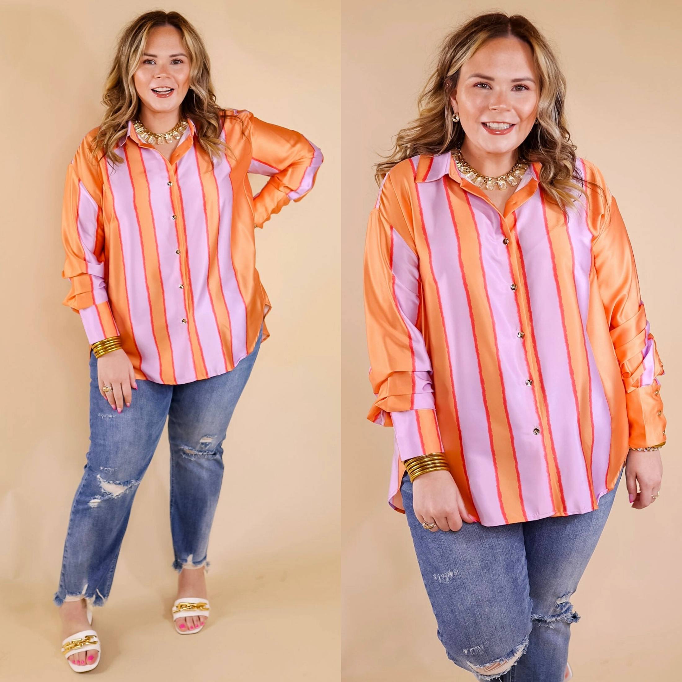 Match My Energy Striped Button Up Top in Lavender Purple and Orange Conscious Fashion