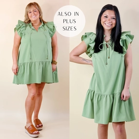 Conscious Core Powerful Love Ruffle Cap Sleeve Dress with Keyhole and Tie Neckline in Sage Green