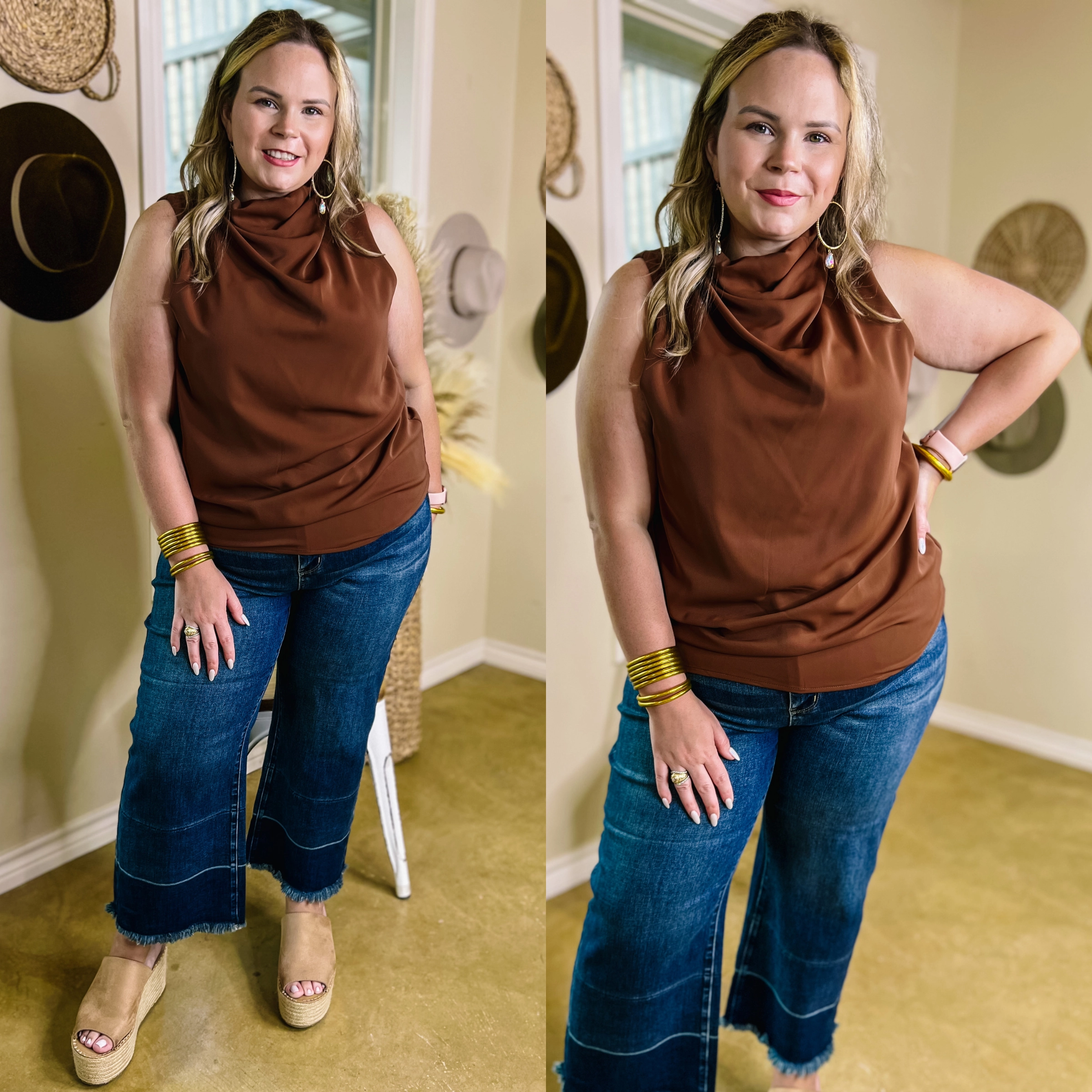Layered Collar Last Chance Size Small | Hot Spot High Cowl Neck Tank Top in Brown