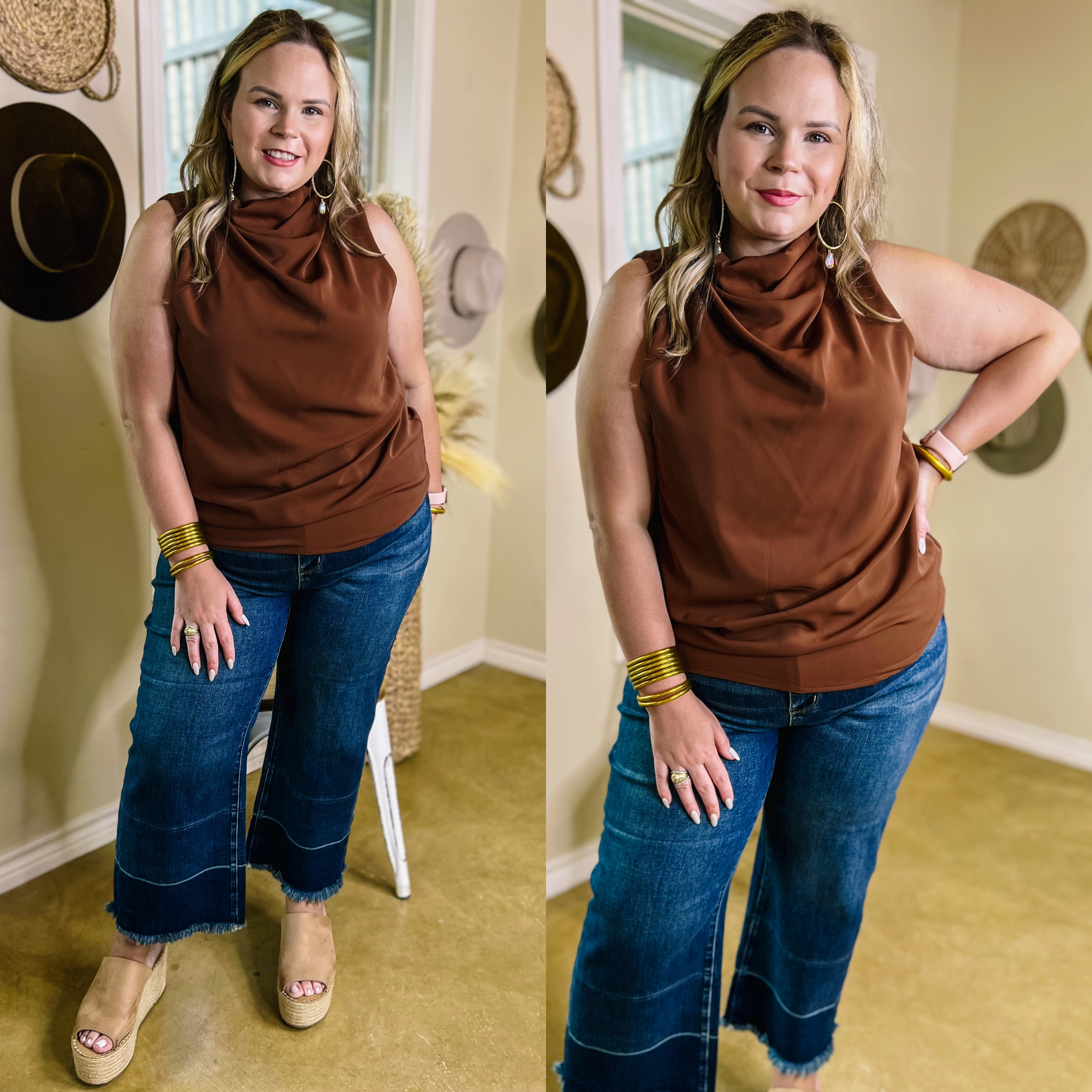 WrinkleResistant Fabric Last Chance Size Small | Hot Spot High Cowl Neck Tank Top in Brown