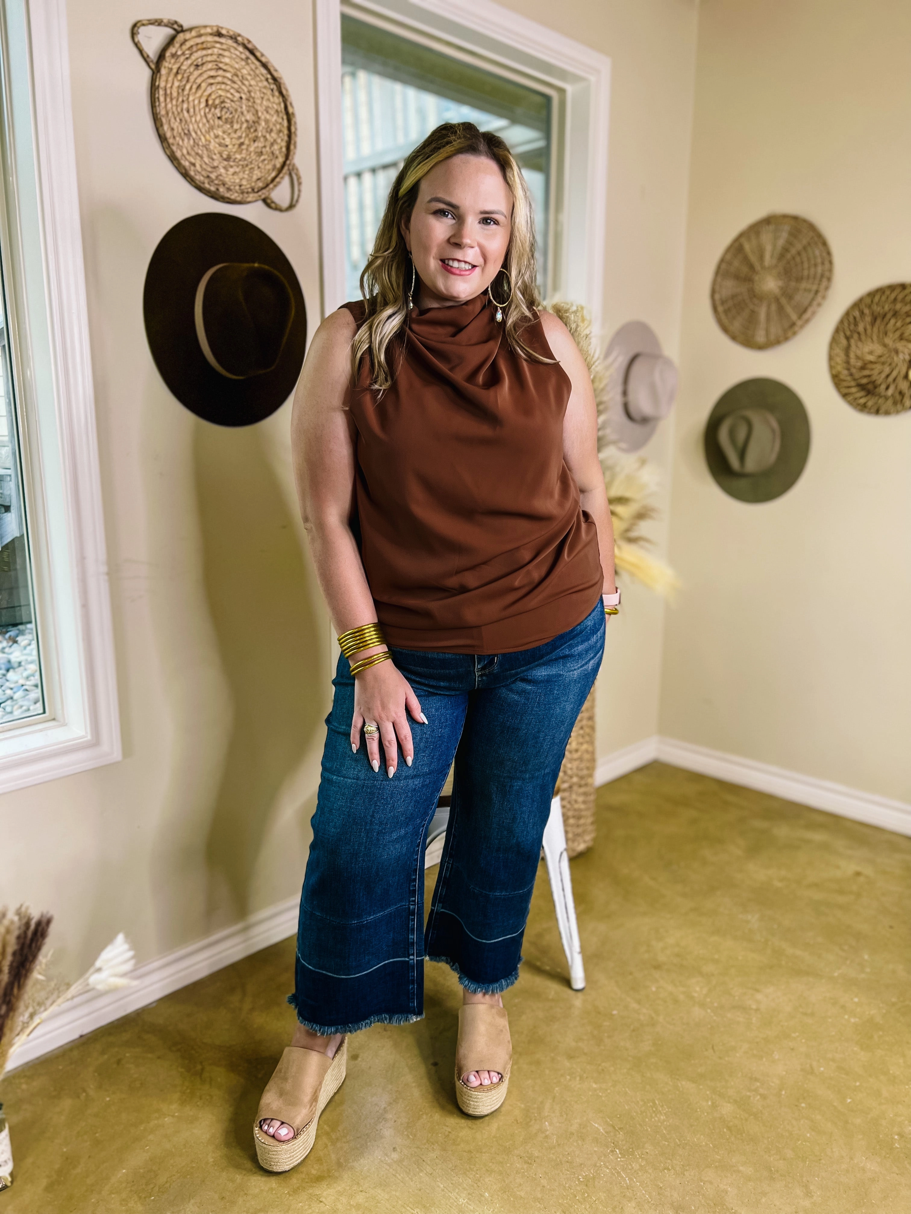 Last Chance Size Small | Hot Spot High Cowl Neck Tank Top in Brown DoubleLayeredEdging Global Cool