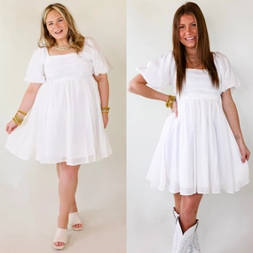 Livin Free Off The Shoulder Pleated Dress With Puffed Sleeves in White StretchWaistband