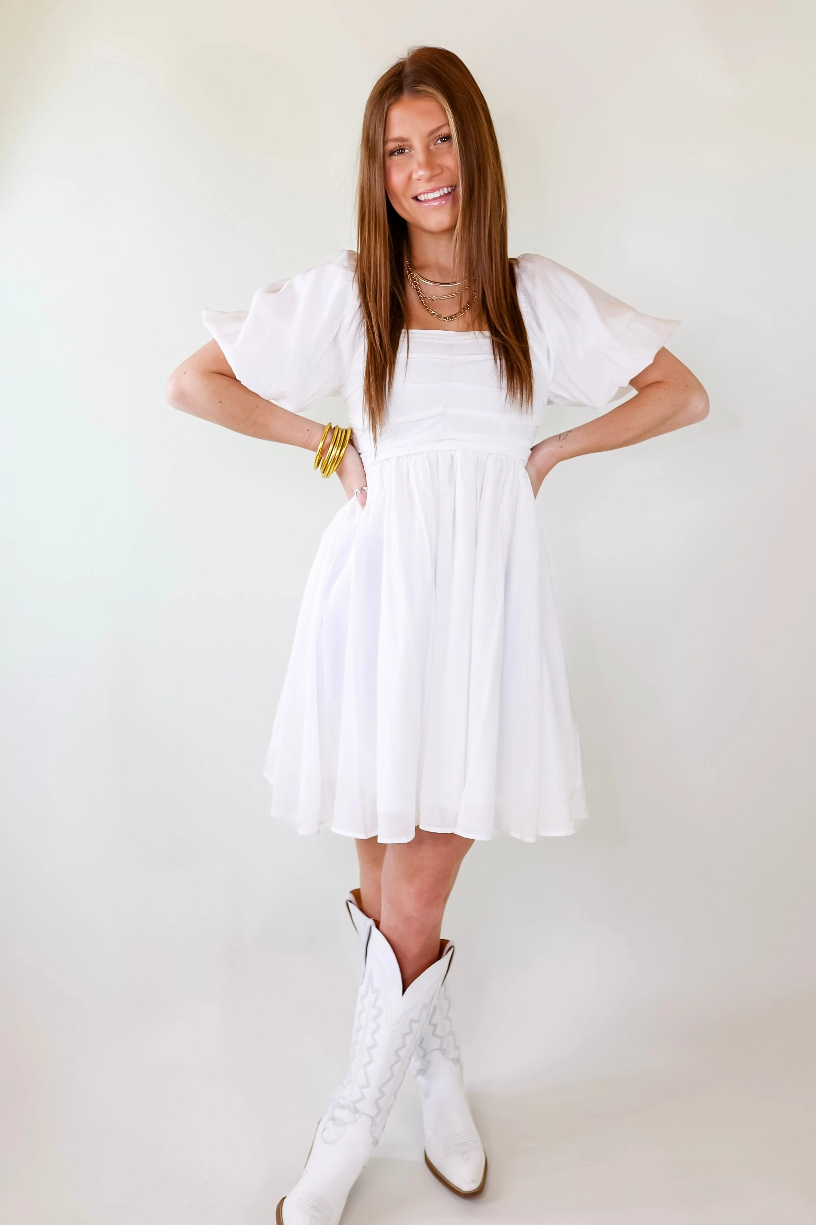 HighCollared Design FadeResistant Dye Livin Free Off The Shoulder Pleated Dress With Puffed Sleeves in White