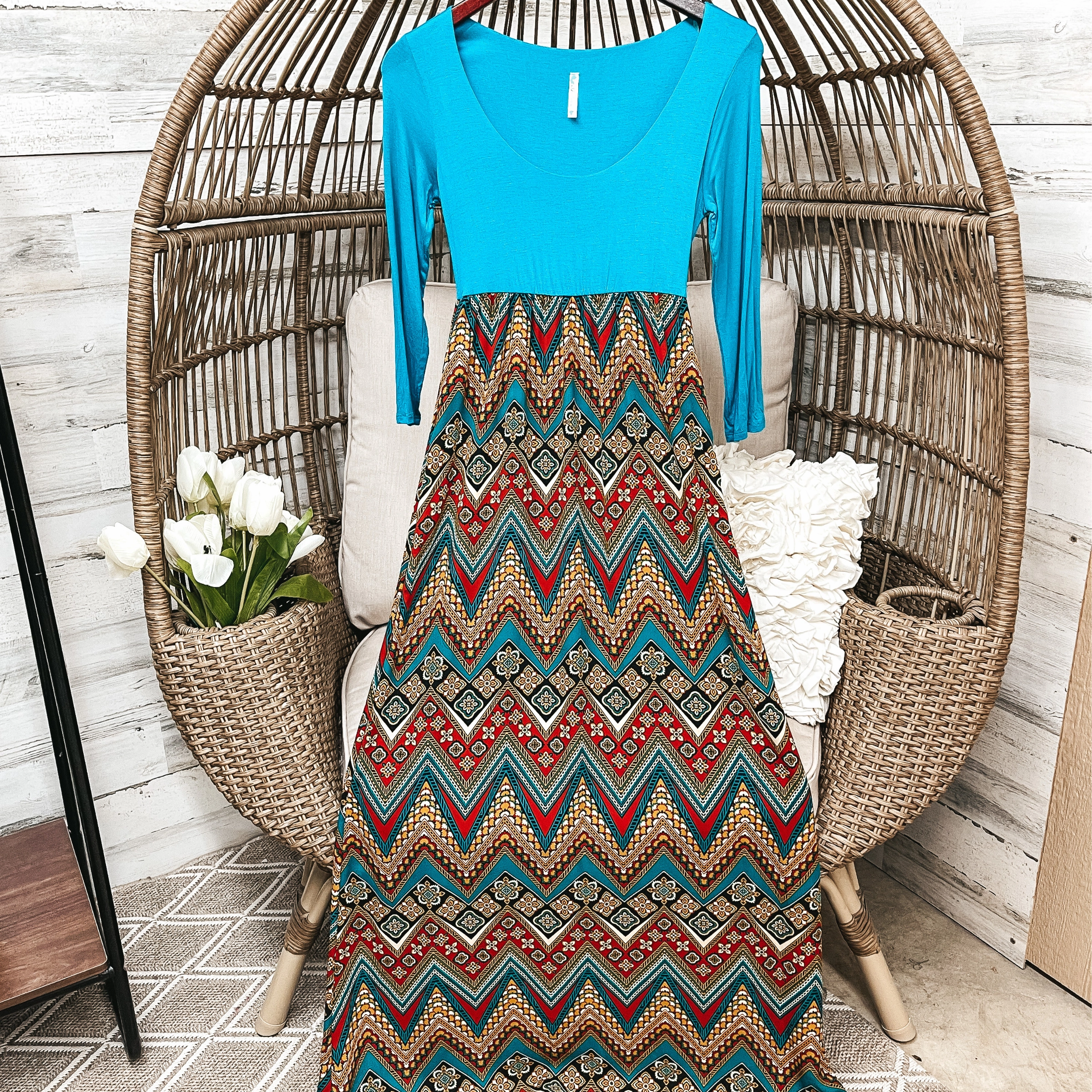 Last Chance Size Small & Medium | Turquoise 3/4 Sleeve Maxi Dress with Chevron Print AdaptiveFit LightweightTextile