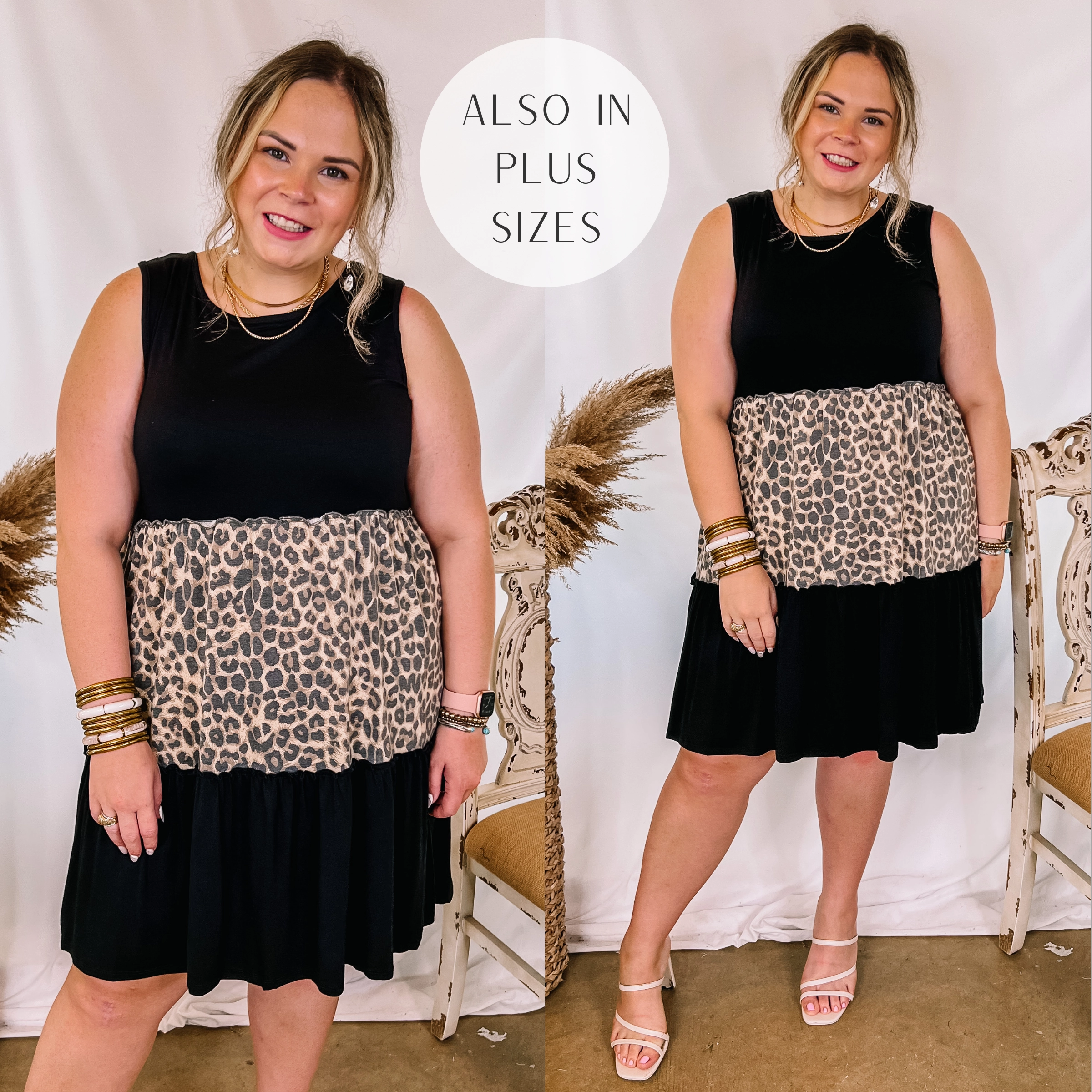 Right On Time Ruffle Tiered Leopard Print Block Dress in Black Spark Soul
