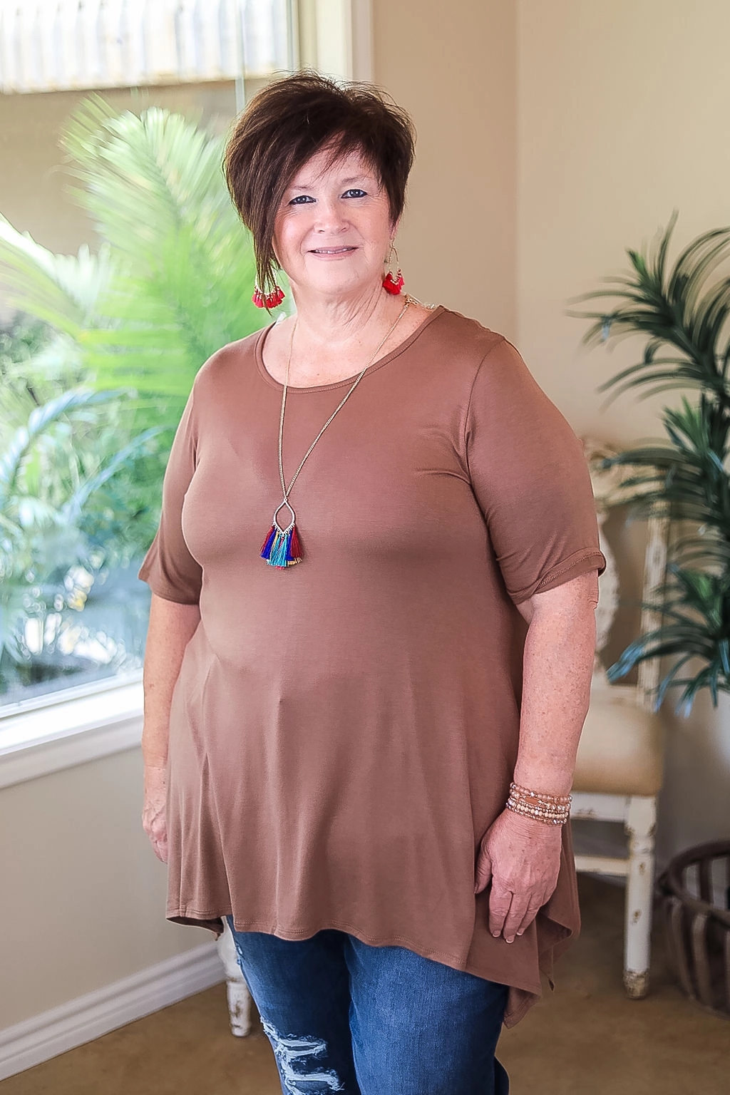 ElasticCuffDesign Whenever This Happens Solid Handkerchief Tunic Top in Mocha Brown