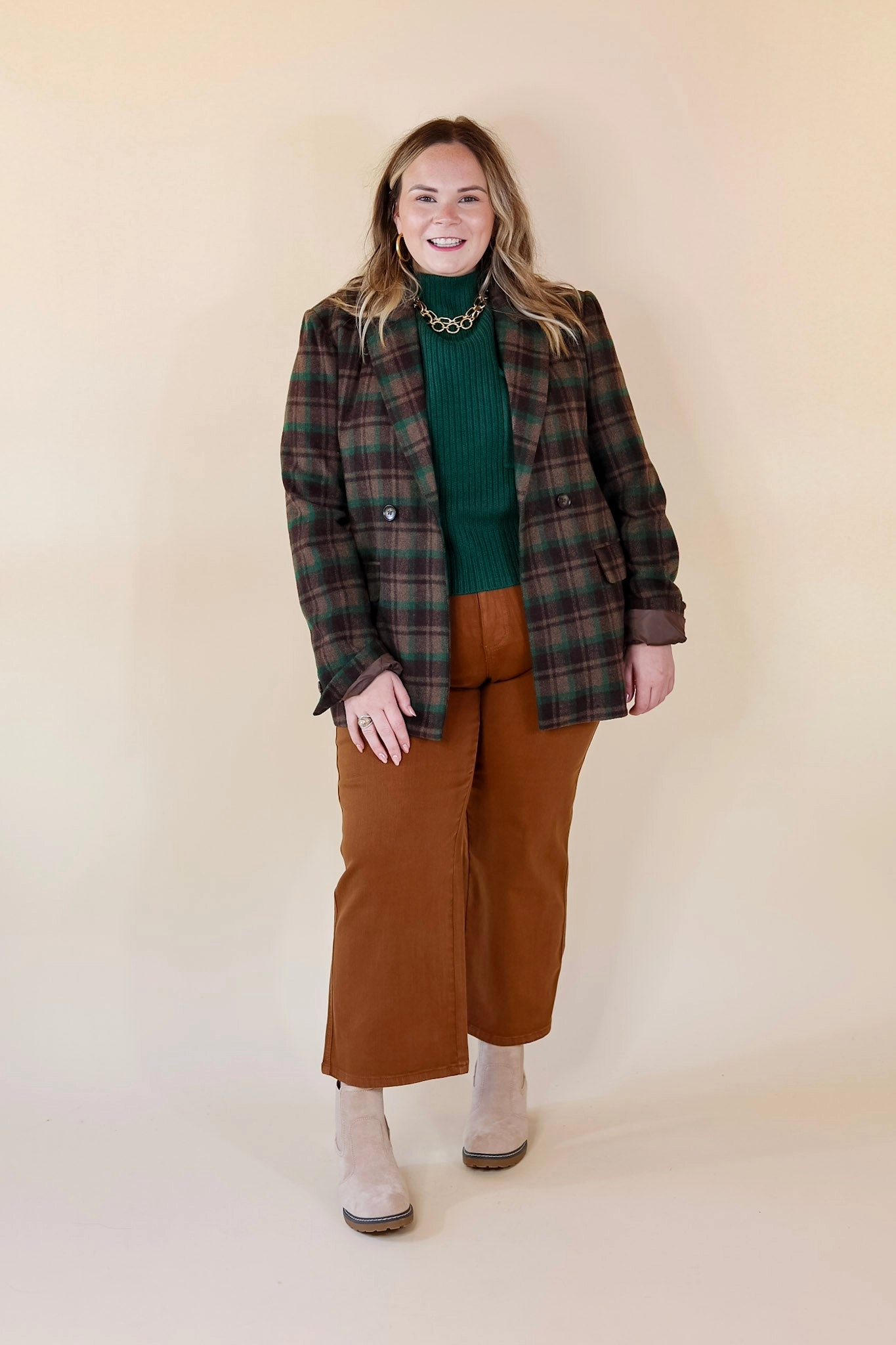 Ready For Anything Plaid Blazer in Brown and Green Smart Fit