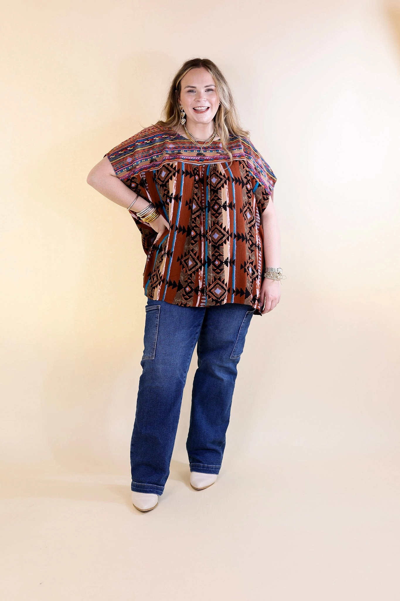 Colors Of The West Aztec Print Embroidered Cap Sleeve Poncho Top in Brown hypoallergenic material