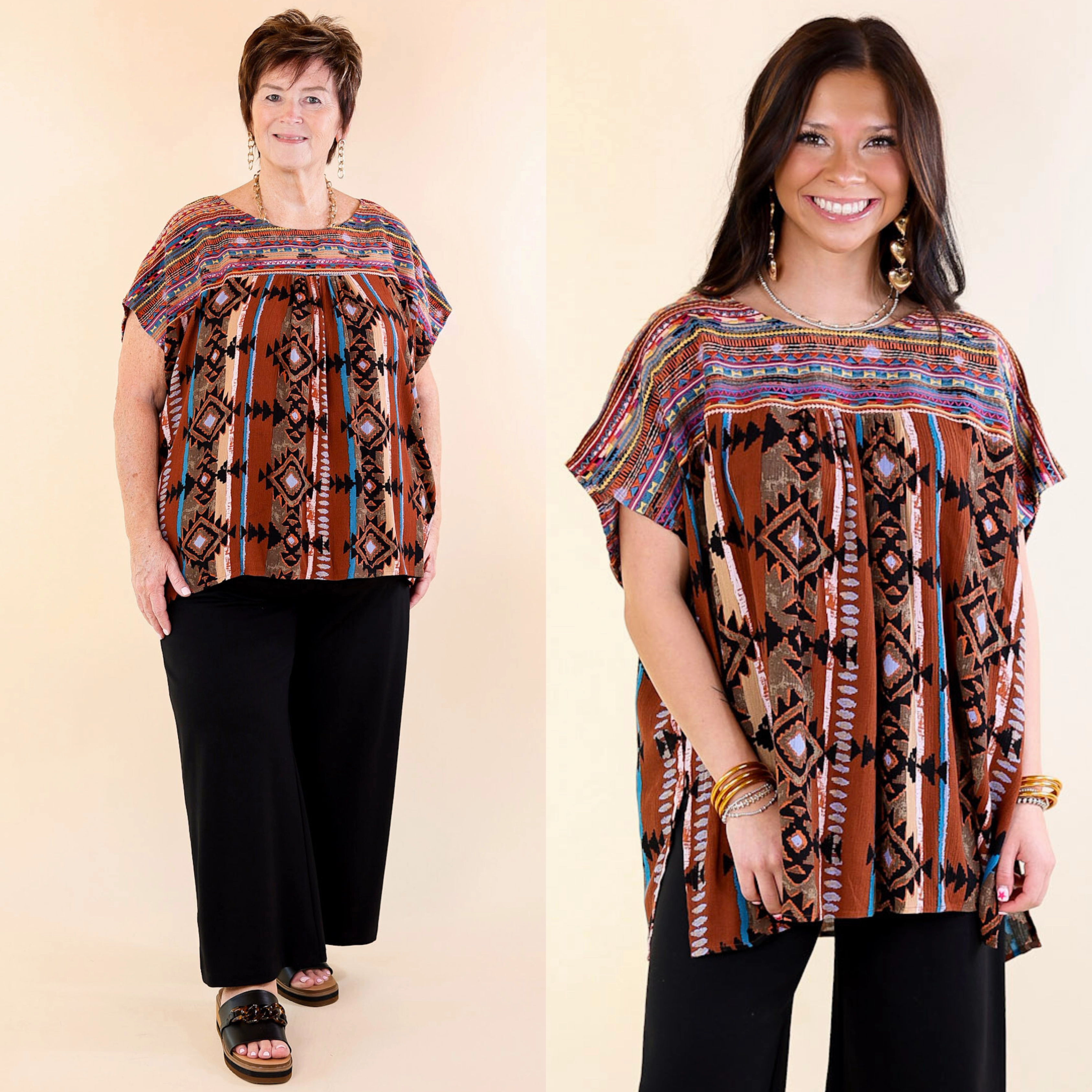 FullCut Shoulder Colors Of The West Aztec Print Embroidered Cap Sleeve Poncho Top in Brown