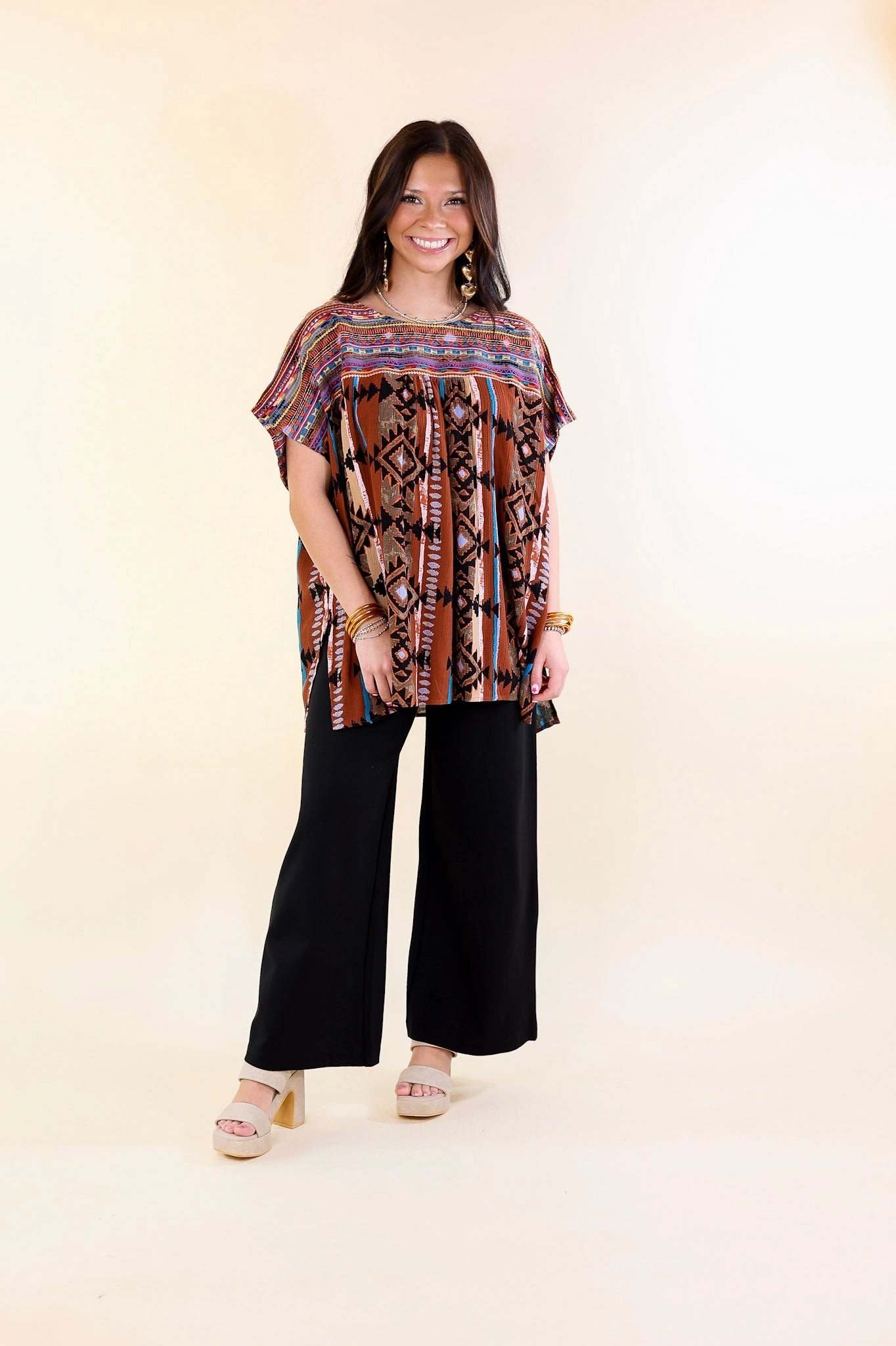 Compact Jacquard Weave Ultra Soft Texture Colors Of The West Aztec Print Embroidered Cap Sleeve Poncho Top in Brown