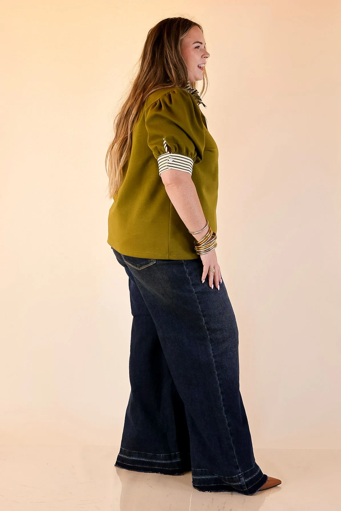 Minimalist Detailing Refined Edge Short Puff Sleeve Top with Striped Collar in Olive Green