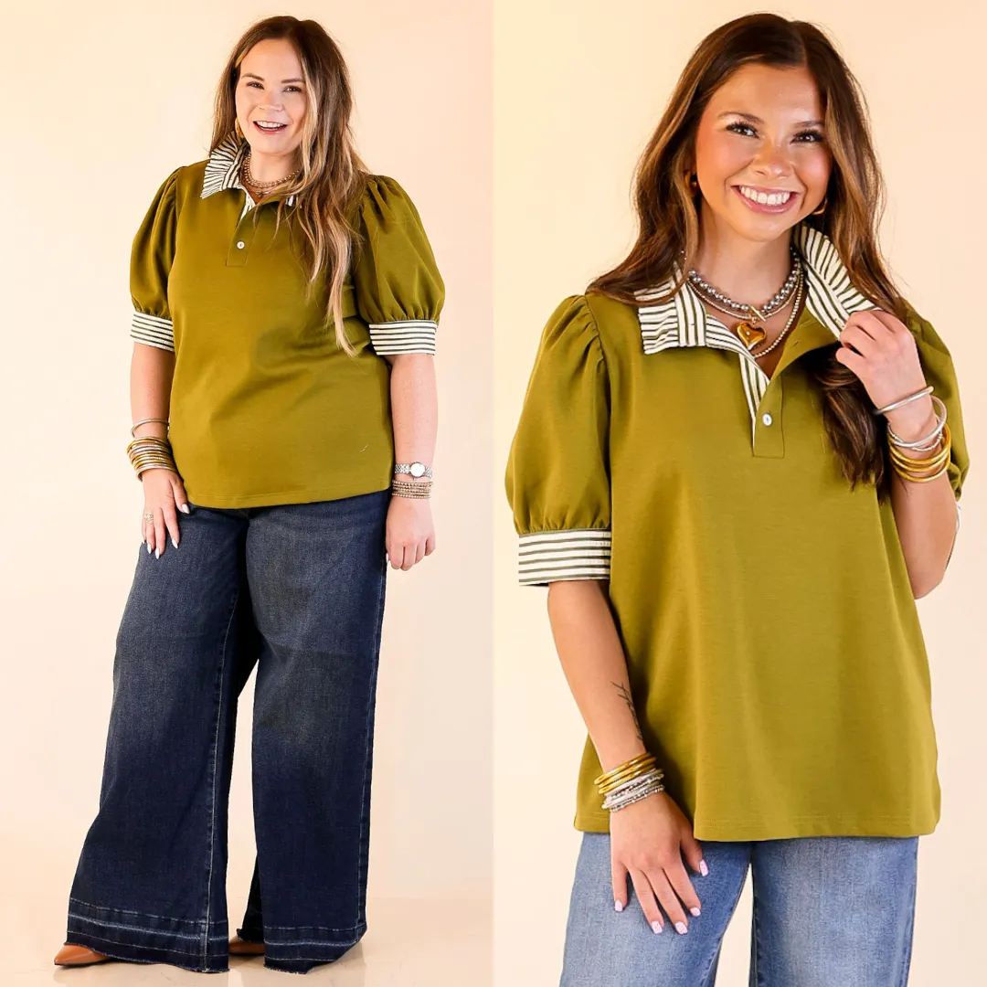 Summer Wardrobe Smooth Zipper Integration Refined Edge Short Puff Sleeve Top with Striped Collar in Olive Green