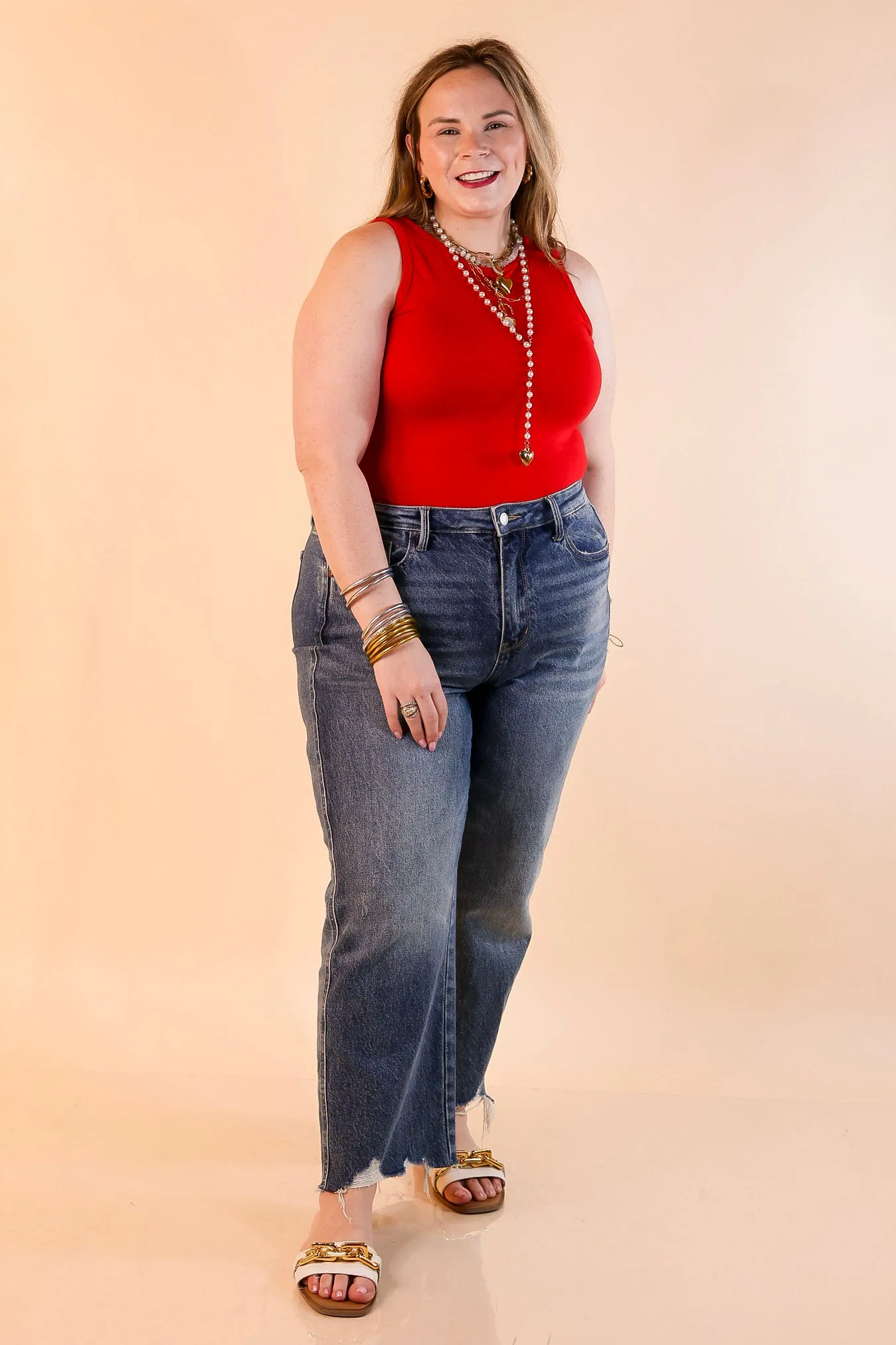 Contrast Stitch Detailing Hidden Pocket Design Sunshine State of Mind Tank Top Bodysuit in Ruby Red