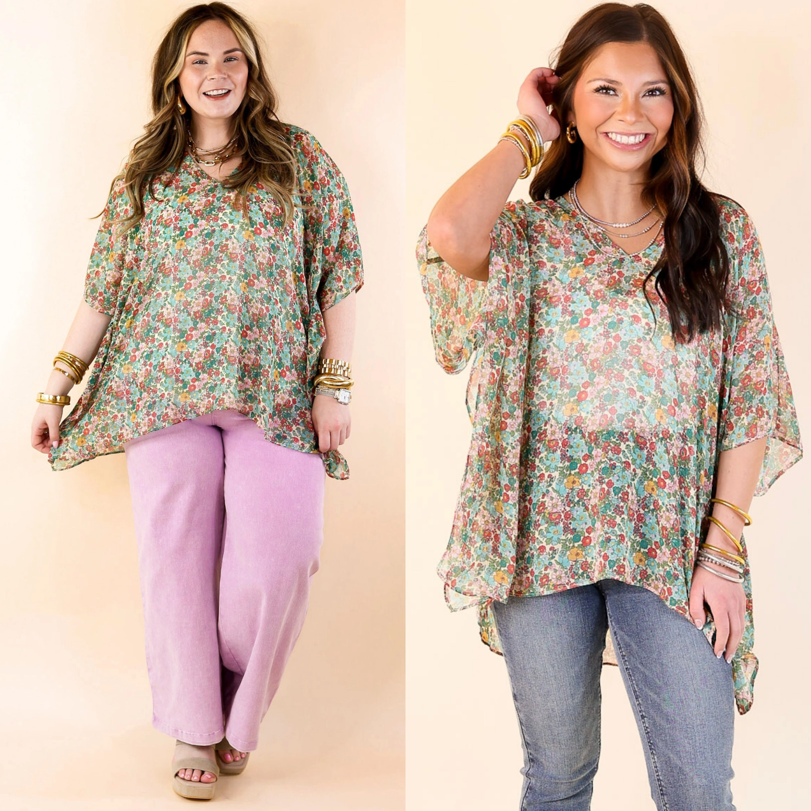 BBQ Party Seamless Sides BuddyLove | North Floral Print Poncho Top in Lush (Green Mix)