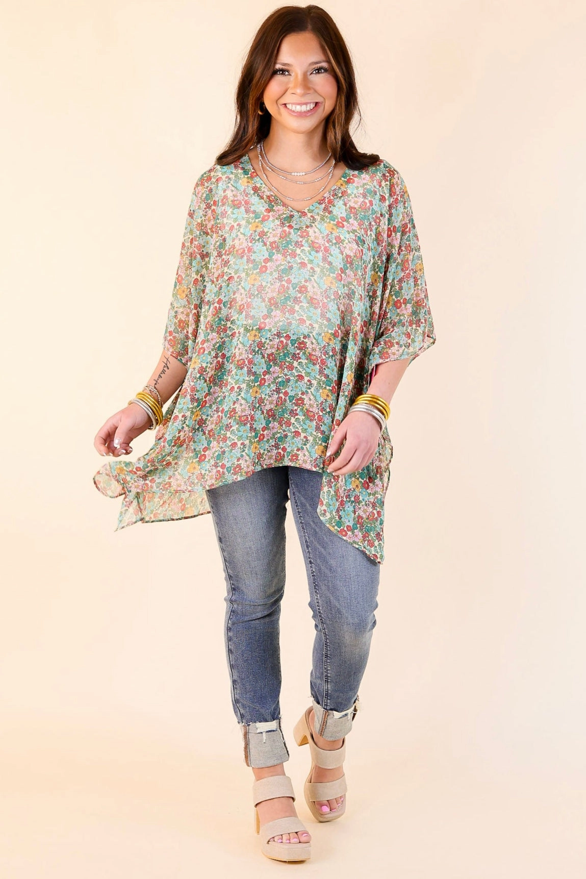 BuddyLove | North Floral Print Poncho Top in Lush (Green Mix) All day wearability Bold Graphics