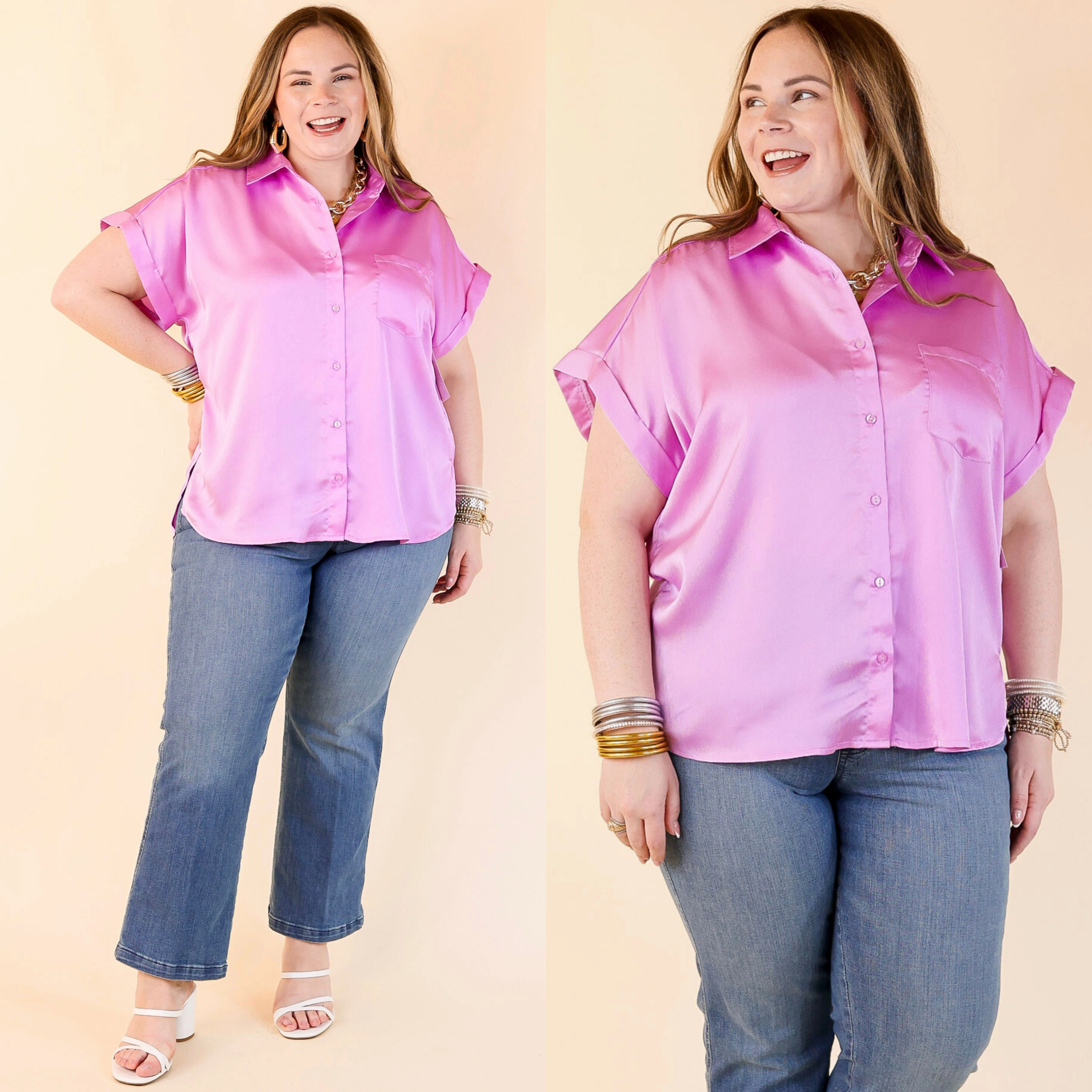 Everyday Essential Earthy Palette Free To Be Fab Button Up Short Sleeve Top in Lavender Purple