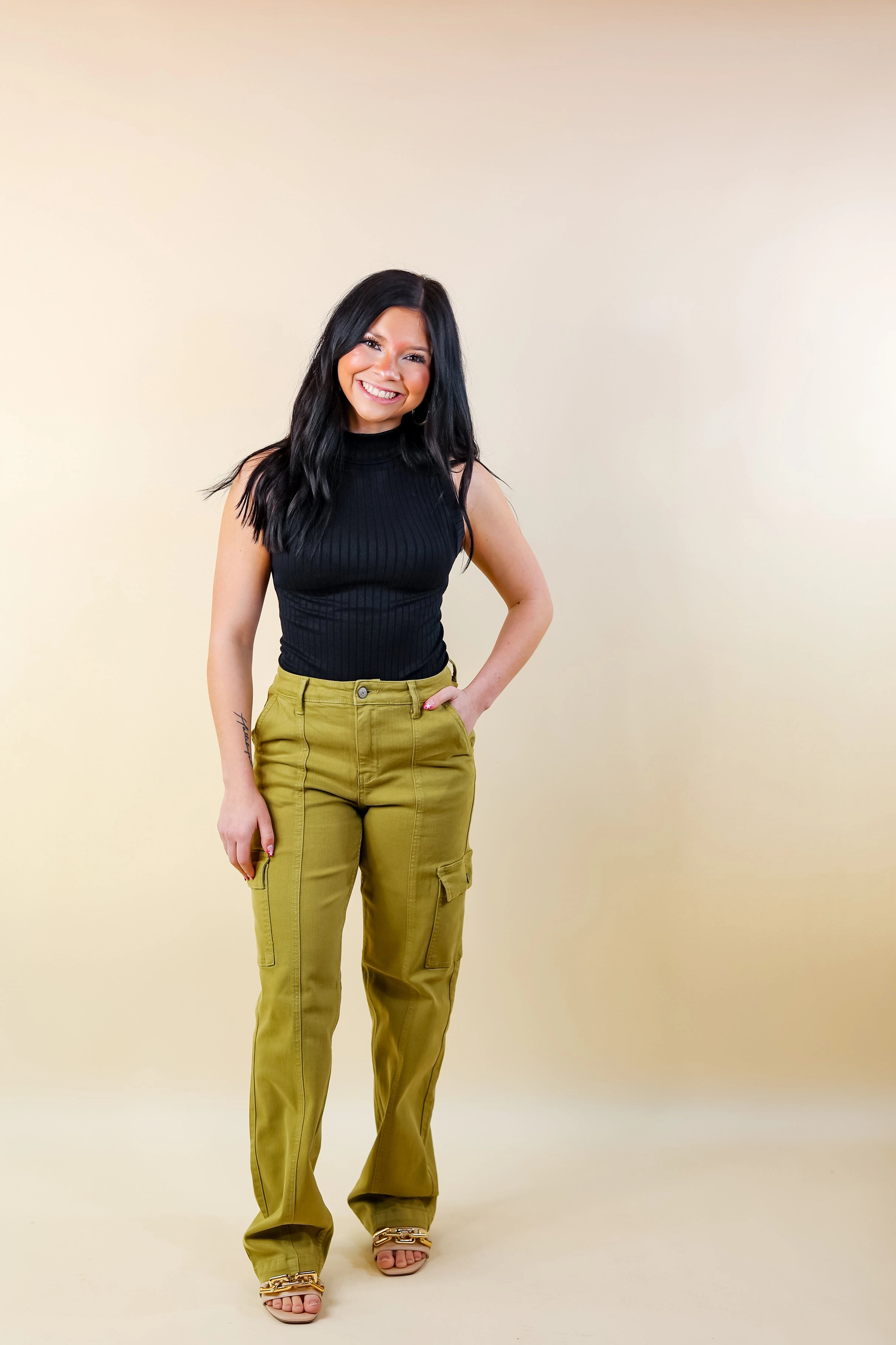 AbrasionResistant Material Judy Blue | Chic Efforts Cargo Straight Leg Jeans in Matcha Green