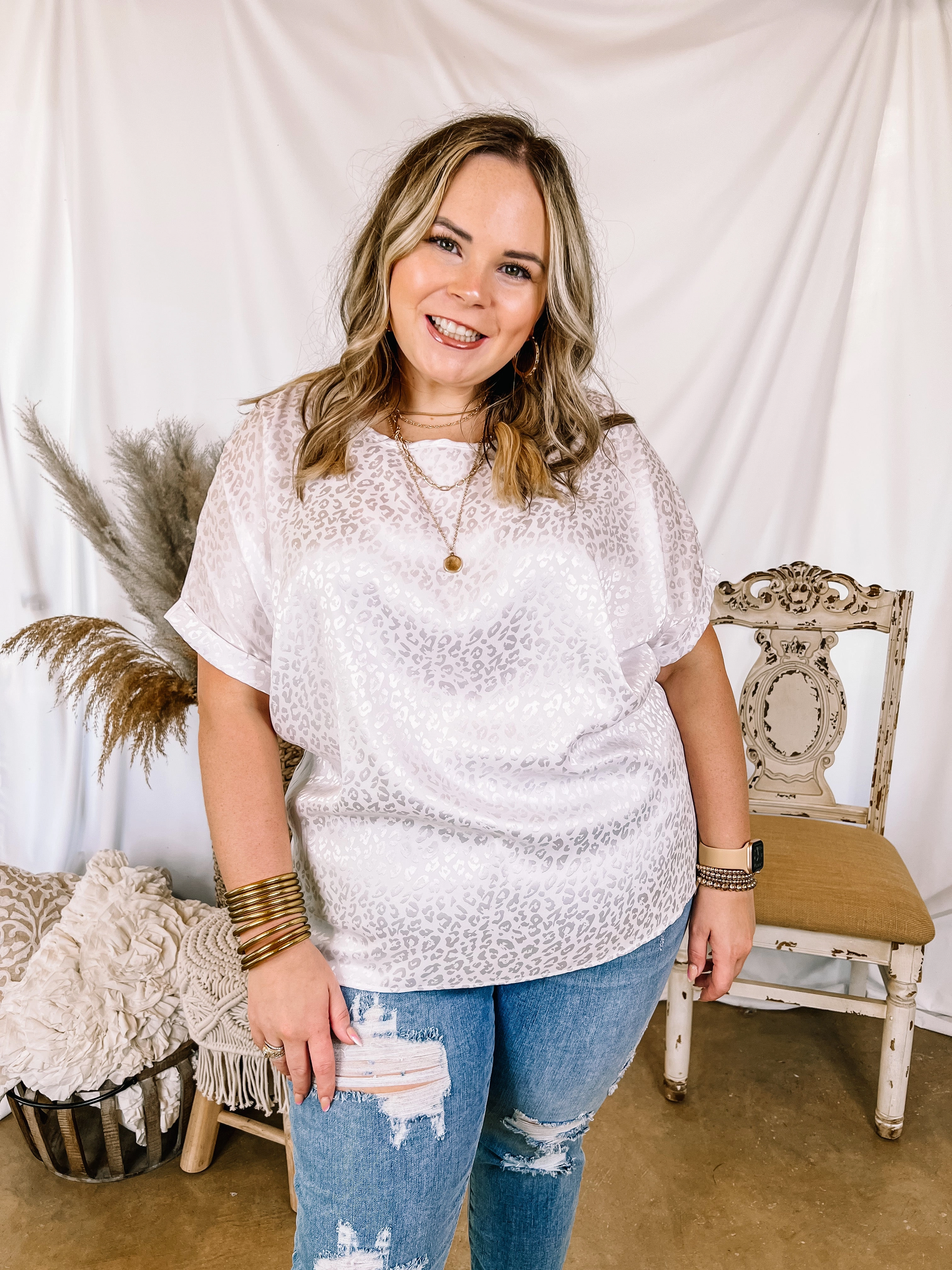 Last Chance Size Small and 1XL | Complete Awe Short Sleeve Satin Leopard Print Top in White Fairy Touch Durable Reinforcements