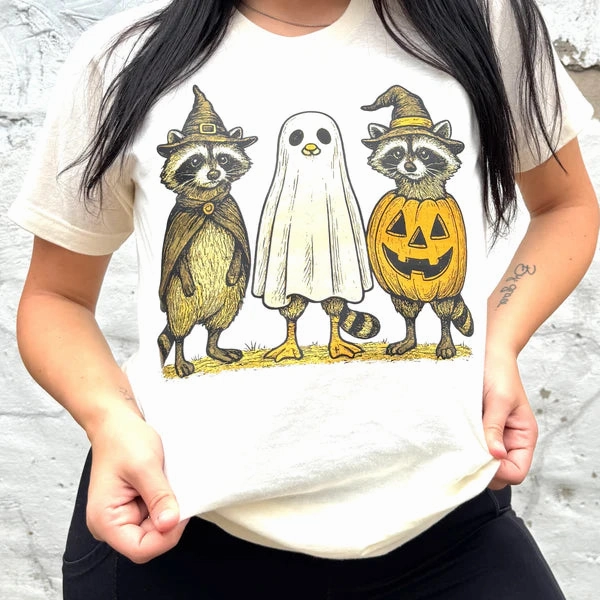 Stretch Jersey Knit Online Exclusive | Racoon Halloween Costume Graphic on Short Sleeve Tee in Natural Cream