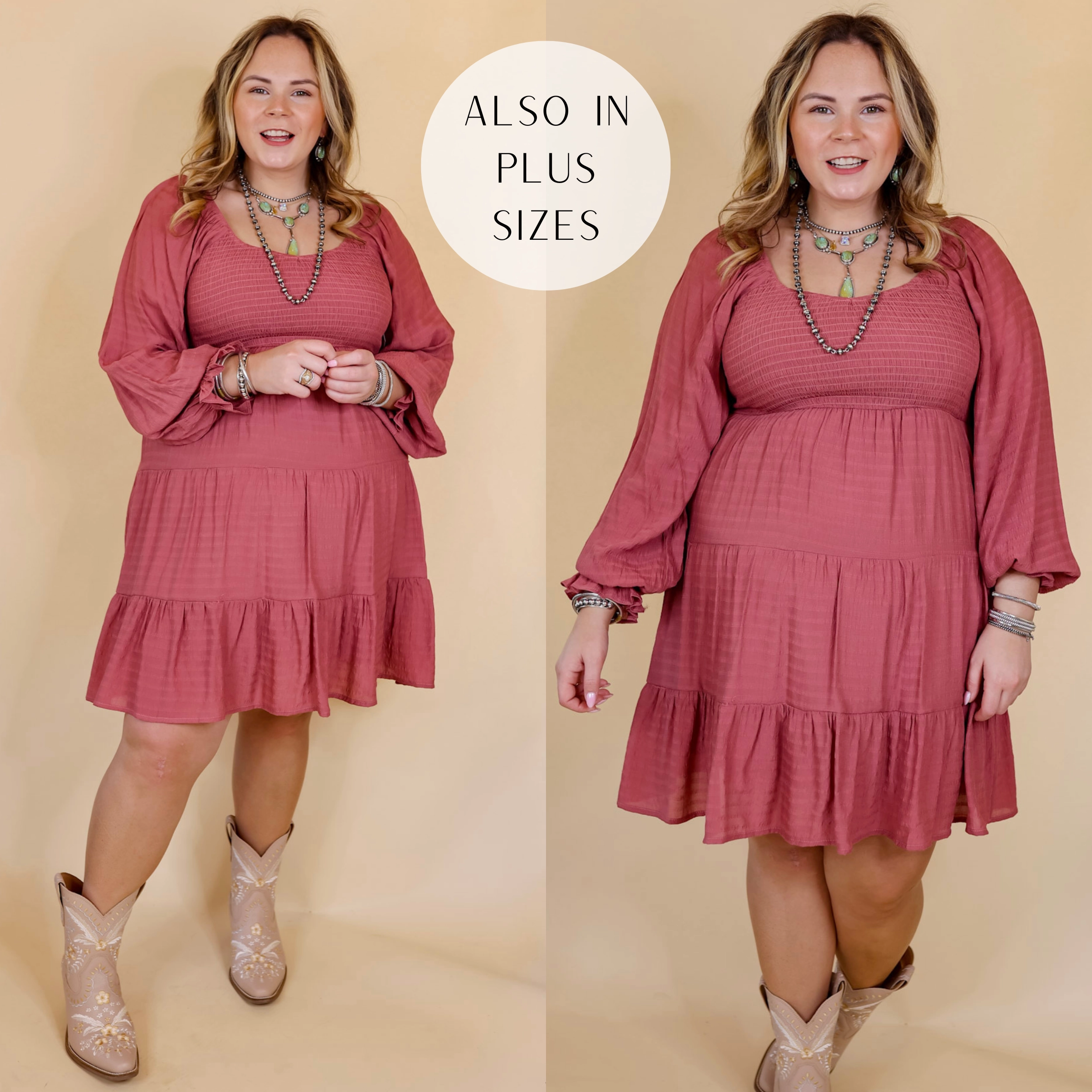 World Edge Last Chance Size XL & 1XL | Day Cafe Smocked Bodice Long Sleeve Tiered Dress in Mauve