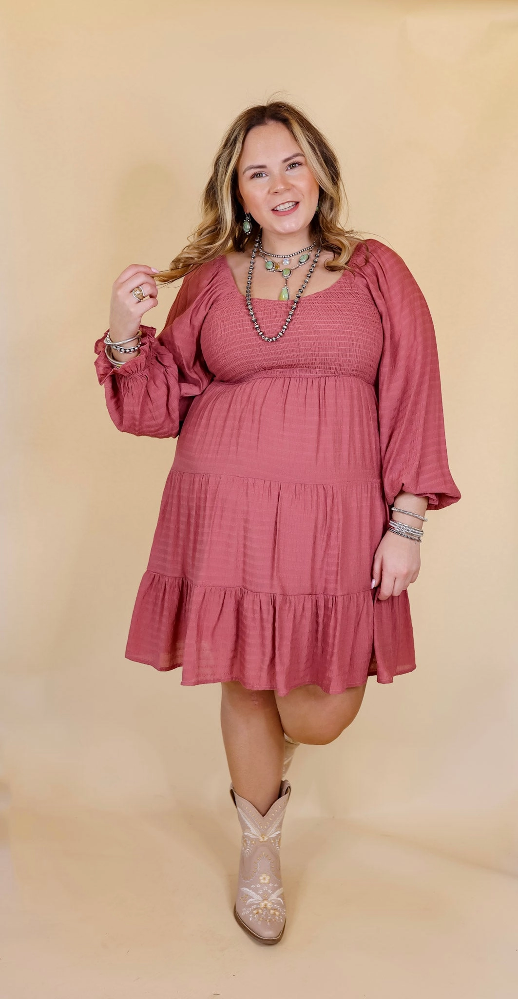 Last Chance Size XL & 1XL | Day Cafe Smocked Bodice Long Sleeve Tiered Dress in Mauve Formal Shirt Data Mode