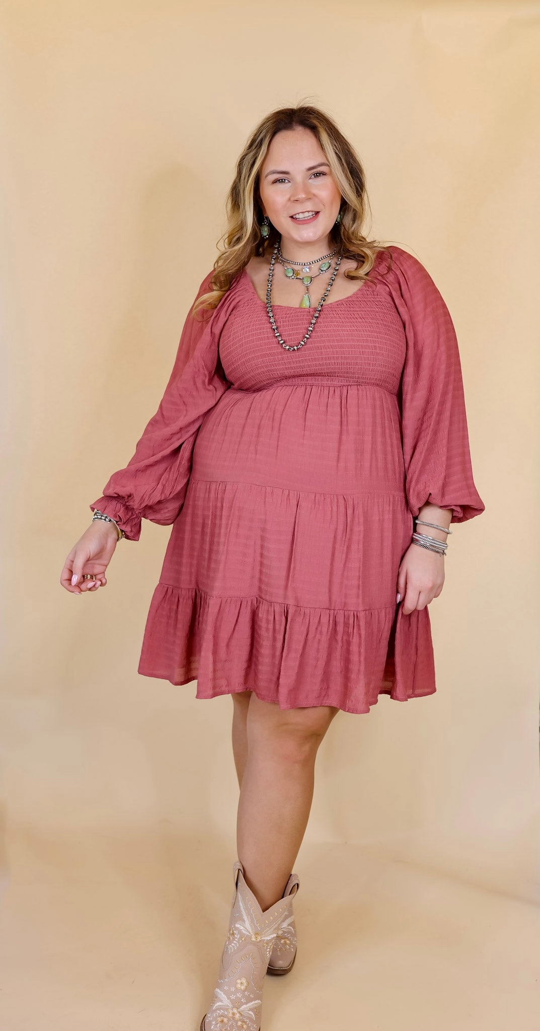 EcoFriendly Textiles Last Chance Size XL & 1XL | Day Cafe Smocked Bodice Long Sleeve Tiered Dress in Mauve